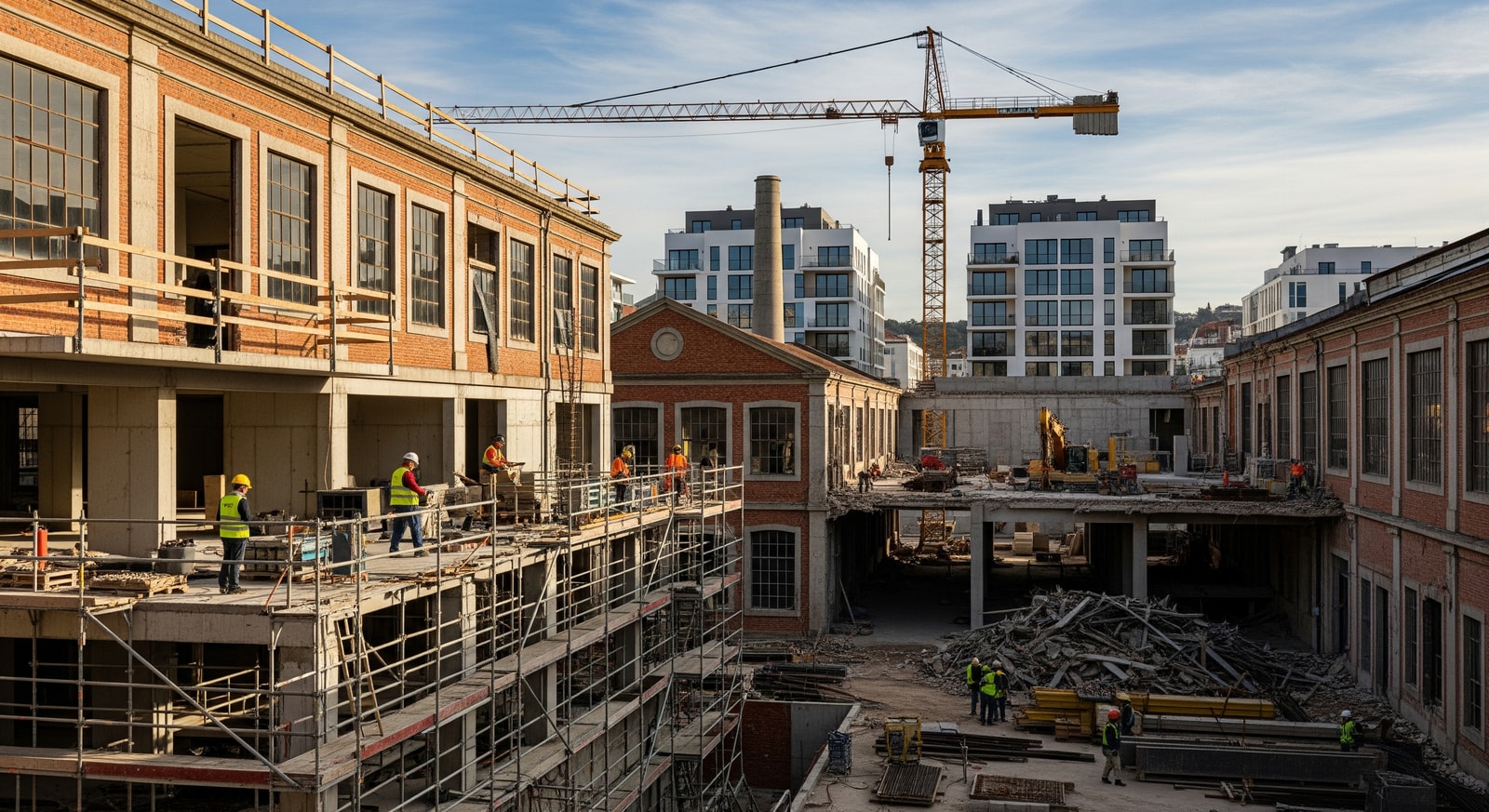Redevelopment area in Marvila, Lisbon showing former industrial buildings and new construction activity
