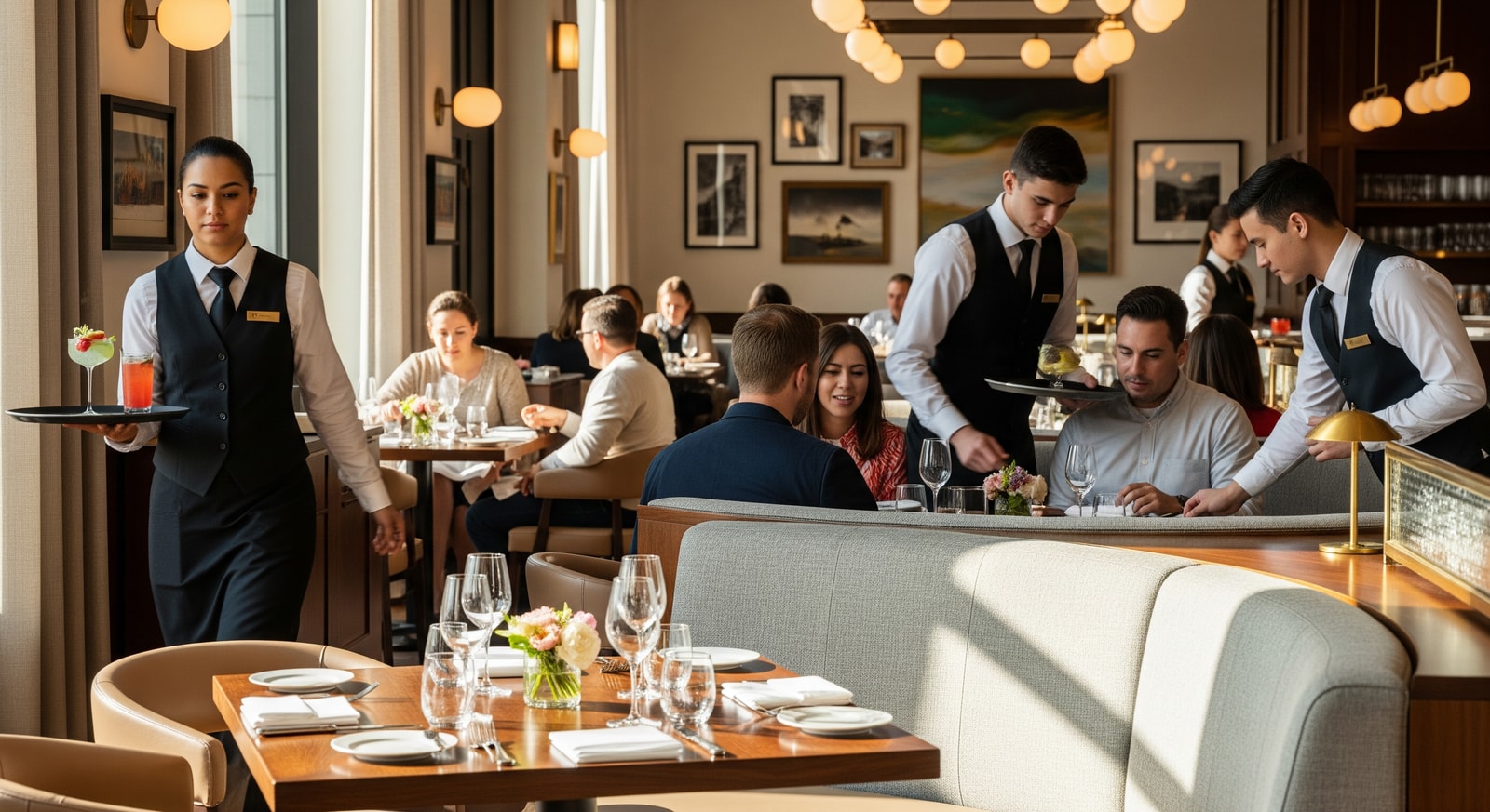 Interior dining area at Shinola Hotel showcasing a restaurant setting and service staff