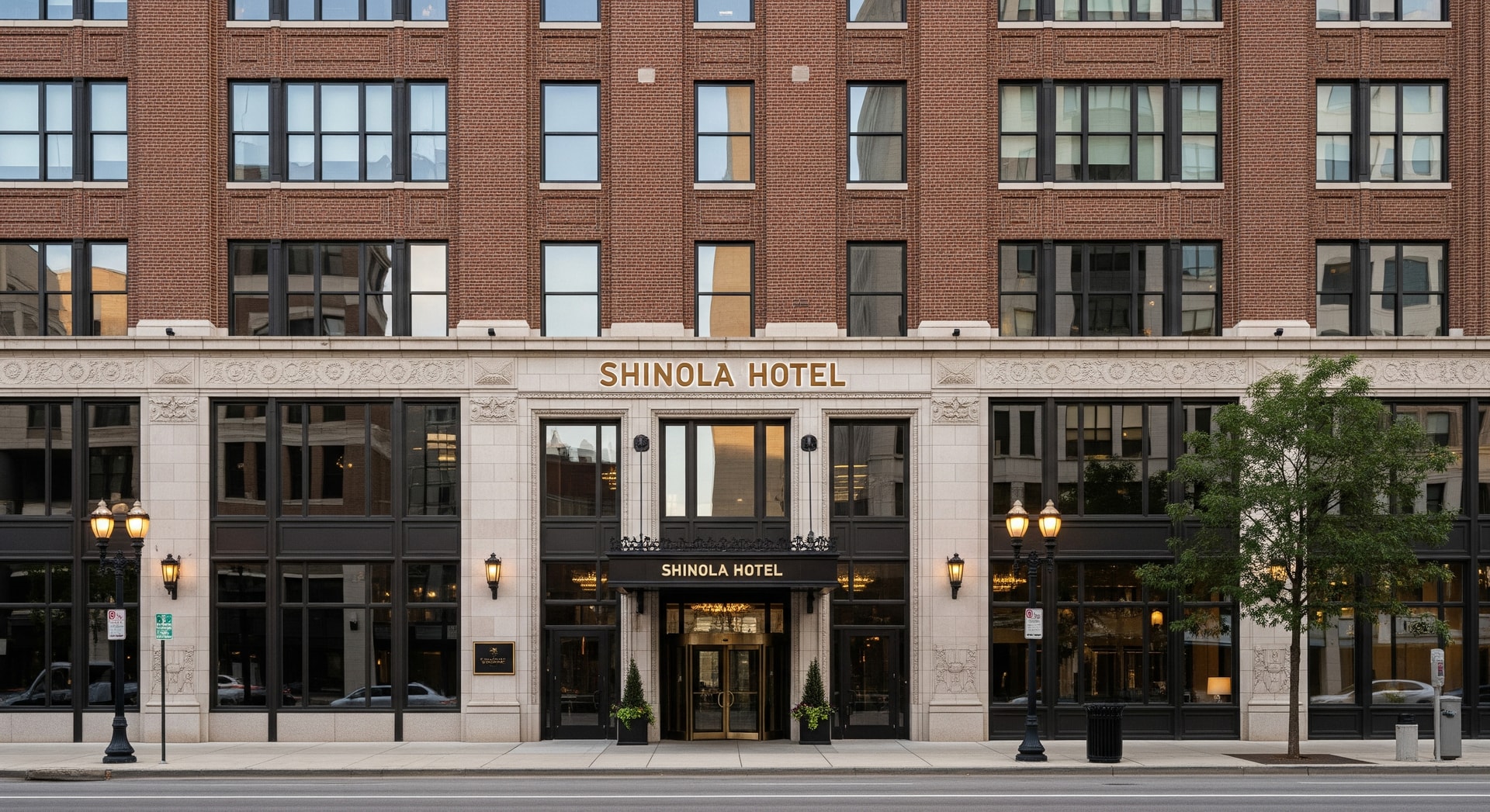 Exterior view of Shinola Hotel in Detroit with entrance and signage
