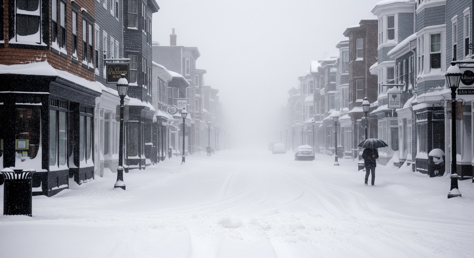 Snow-covered street in Gloucester, Massachusetts during an intense snowstorm on the North Shore