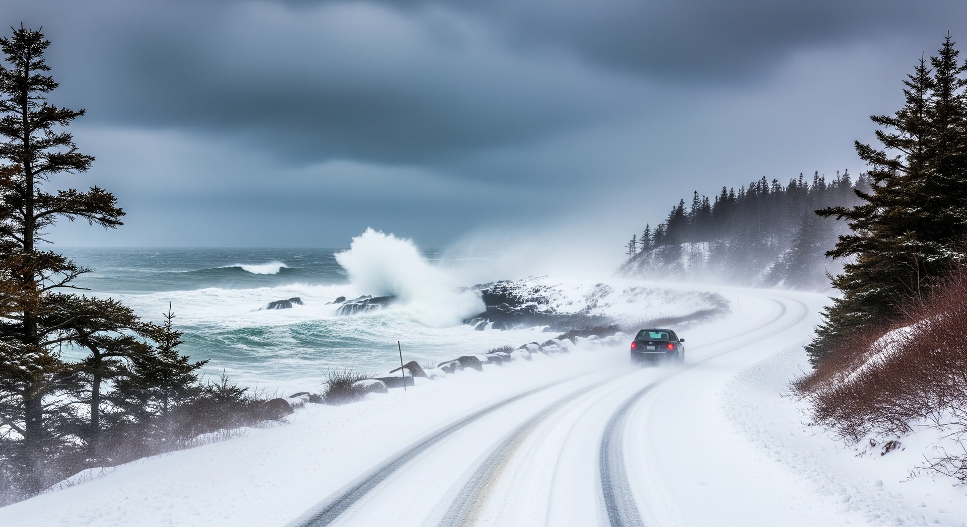 Snow-covered coastal road on Massachusetts North Shore during a heavy snowstorm