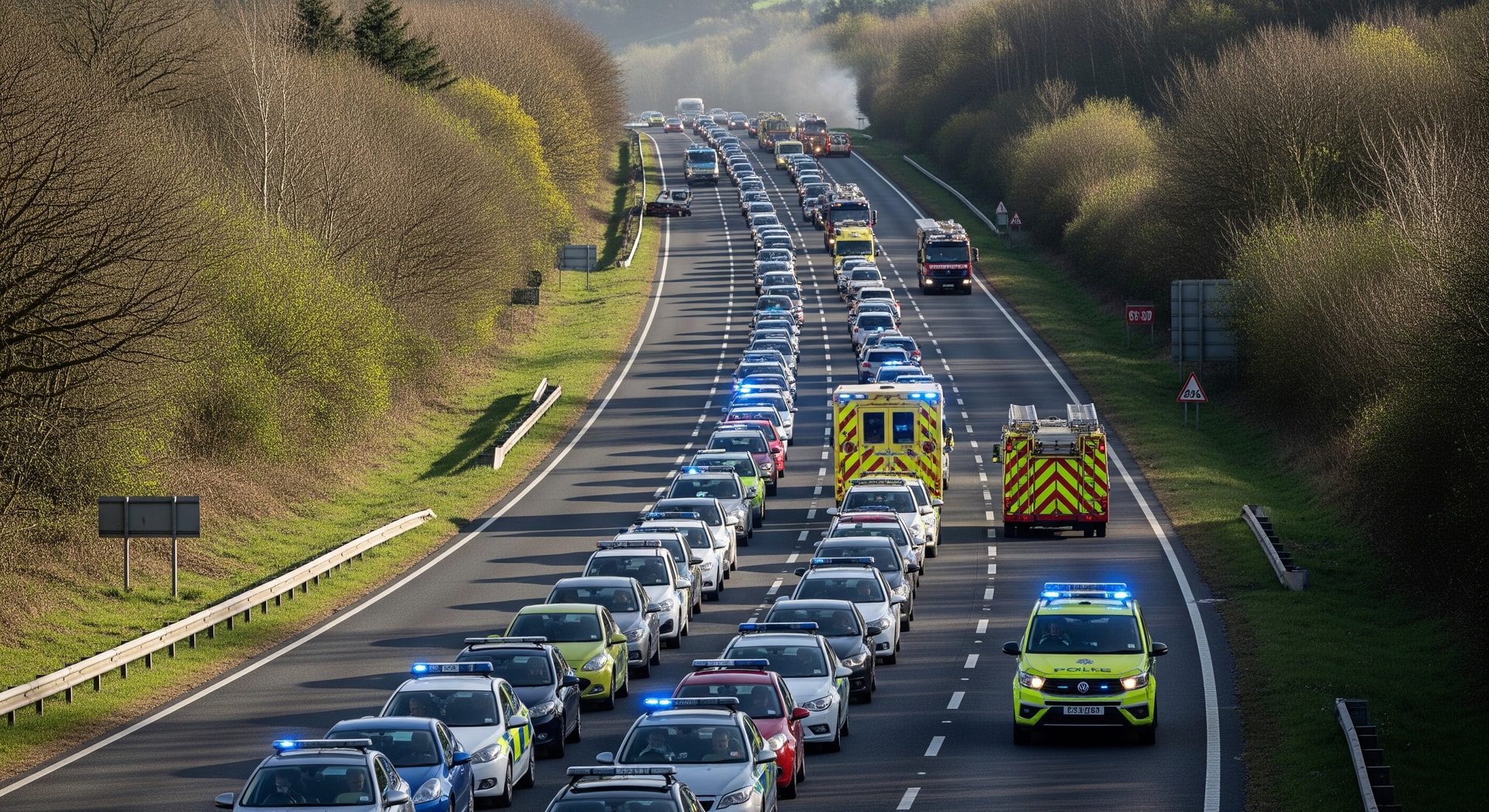Traffic queue on the A38 Devon Expressway with emergency vehicles responding to an incident