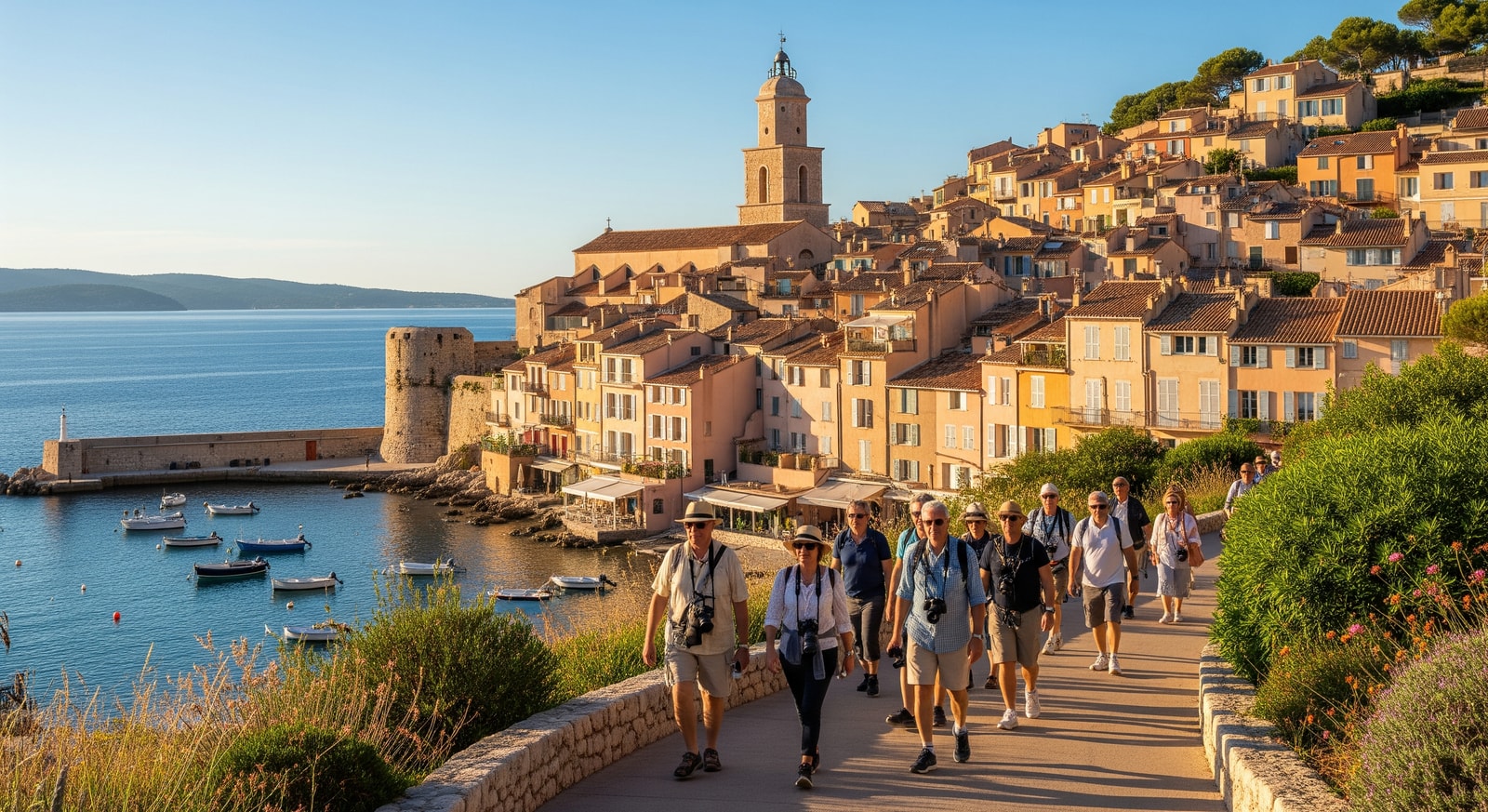 Tourists walking from a cruise ship toward a European port with historic buildings — illustrating shore excursions and port logistics