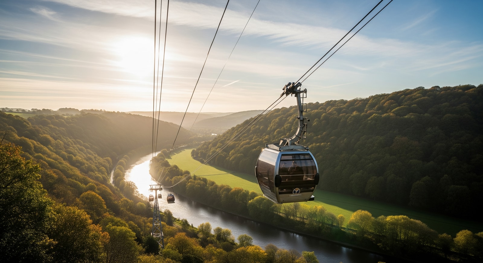 Cable car at the Heights of Abraham overlooking the River Derwent in Matlock Bath