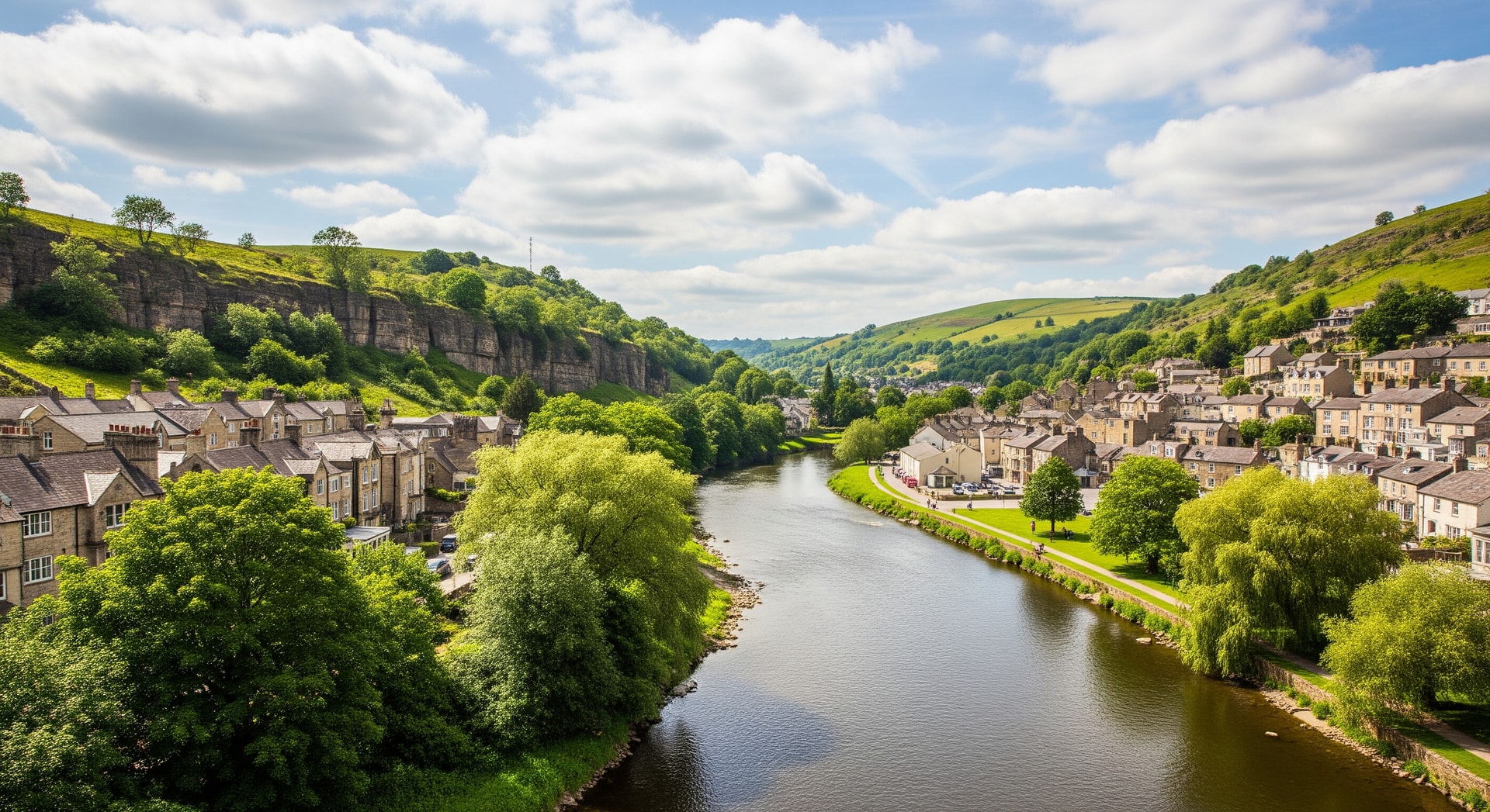 Riverside view of Matlock Bath with the River Derwent and hillside in the Peak District