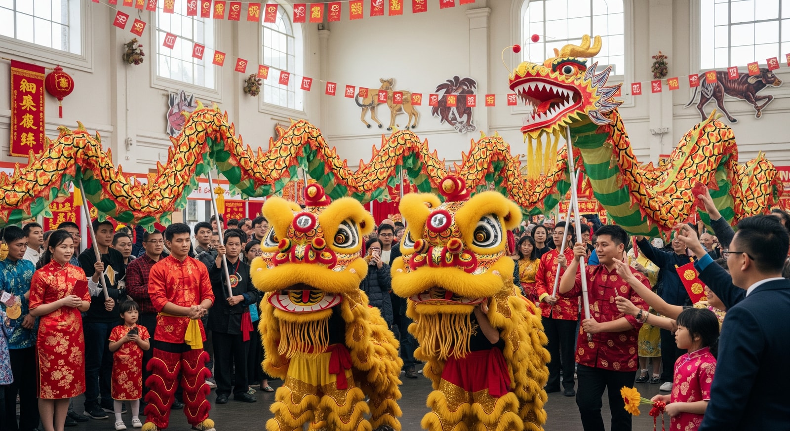 Crowd watching lion and dragon dance performances at the Agricentre during the Lunar New Year fair