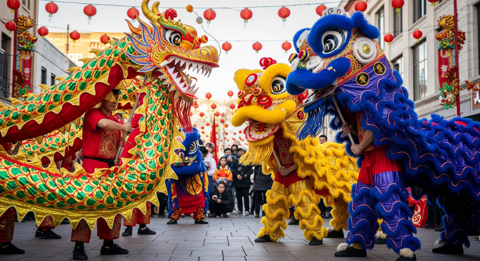 Performers in colorful dragon and lion dance costumes at a Lunar New Year celebration in Memphis