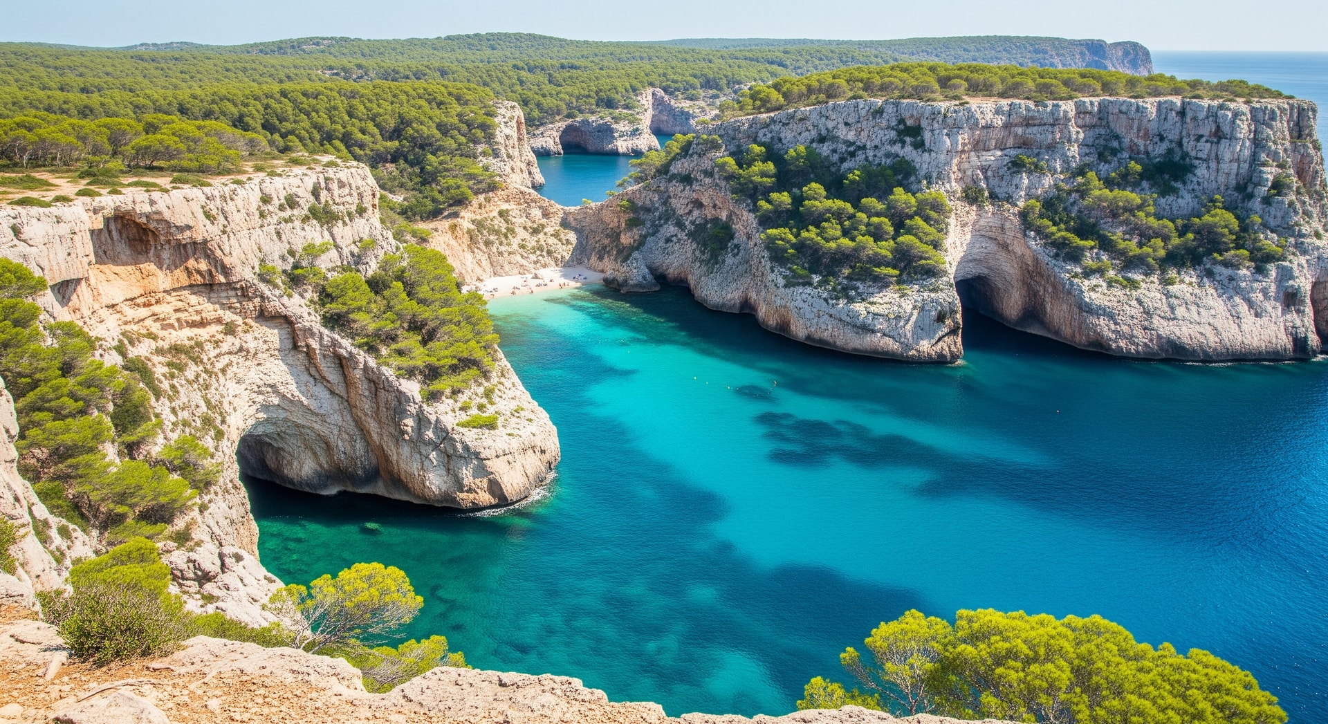 Menorca coastline with turquoise coves, limestone cliffs and pine forests
