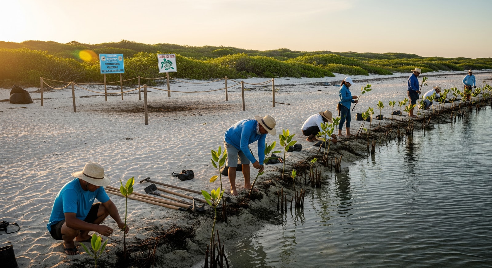 Coastal conservation measures being implemented on a Mexican shoreline as part of sustainable tourism initiatives