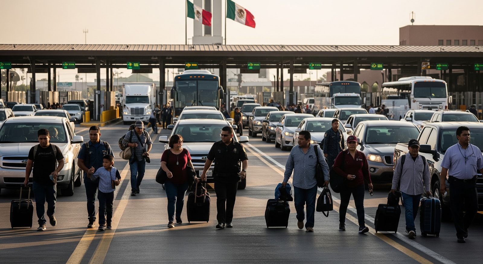 Cross-border travellers and vehicles at a busy U.S.-Mexico crossing illustrating Mexico–US travel links