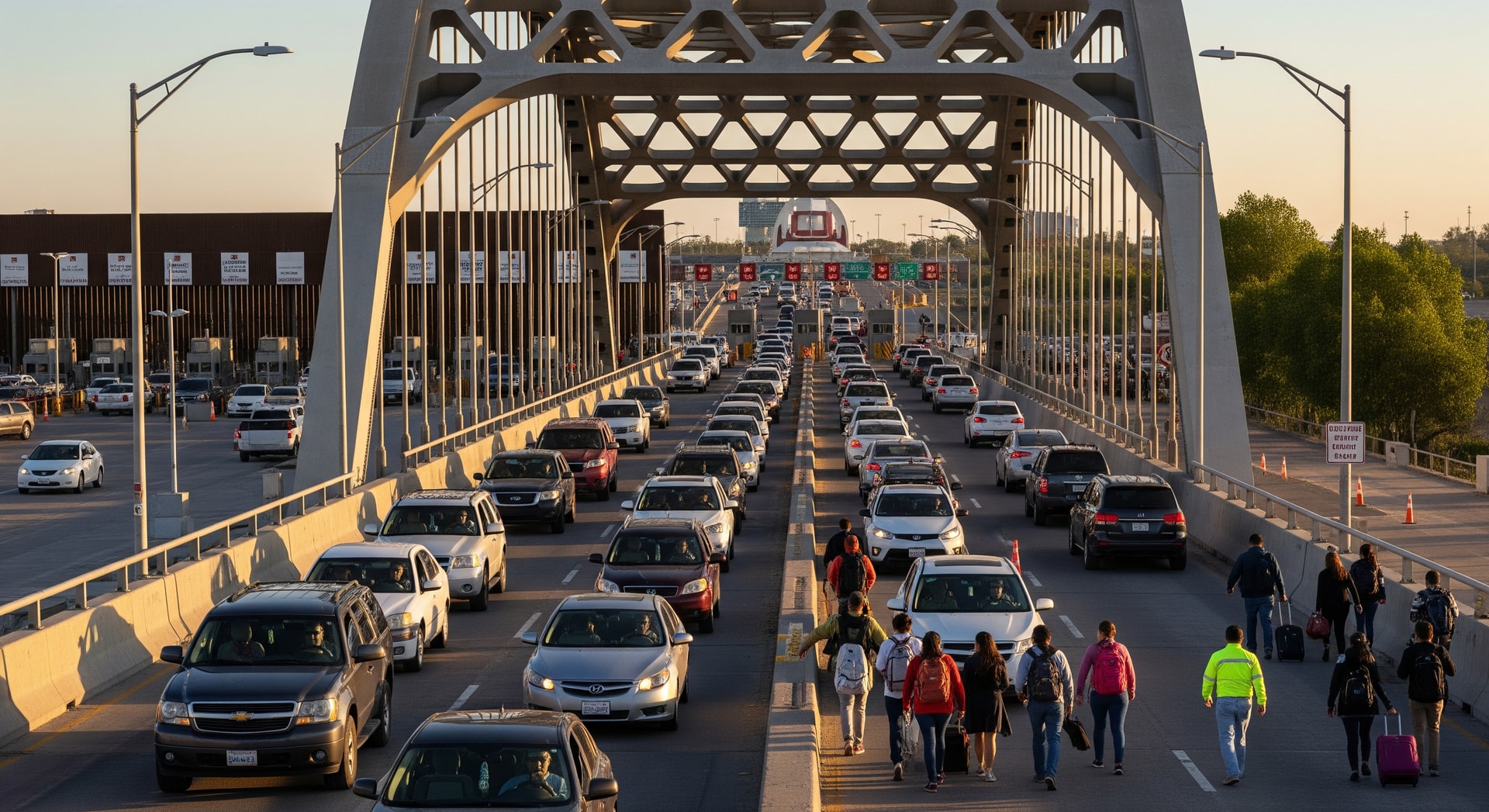 Travelers crossing a U.S.-Mexico border bridge, representing cross-border tourism between Mexico and the United States