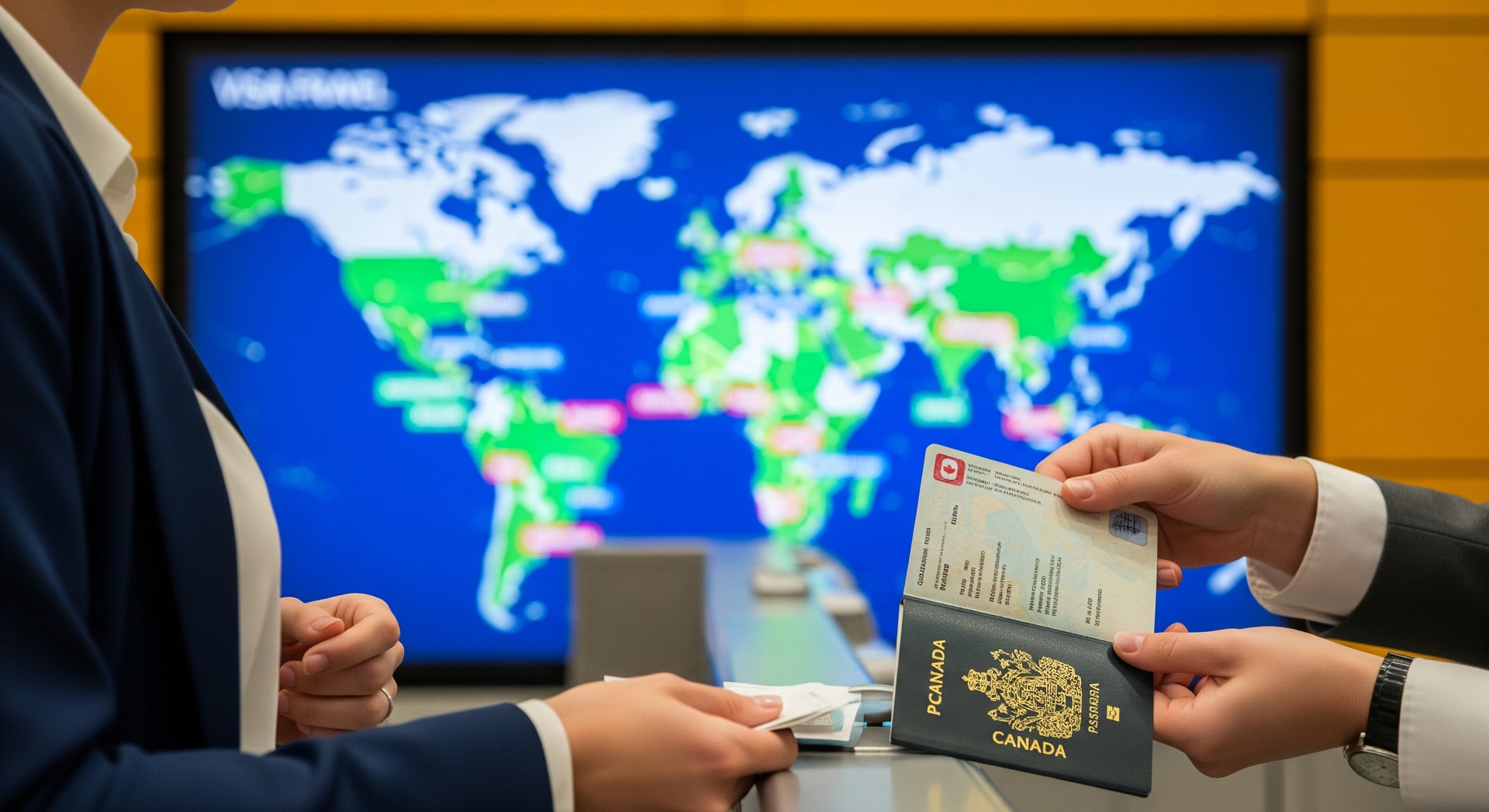 Canadian traveller at an international airport passport control highlighting visa-free travel destinations