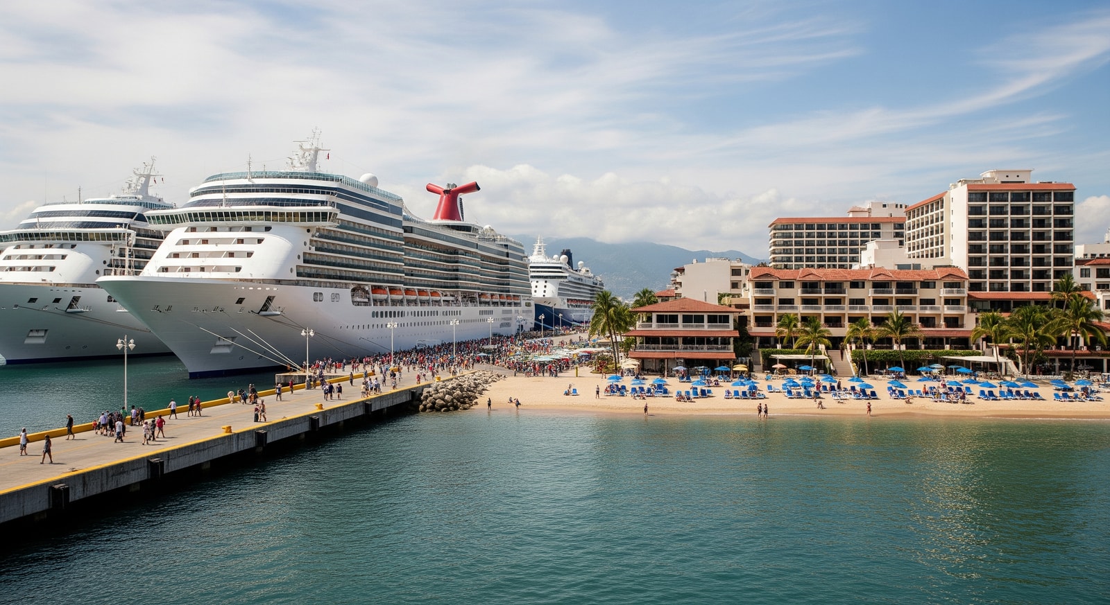 Puerto Vallarta cruise port with ships and beachfront hotels showing impact on tourism operations