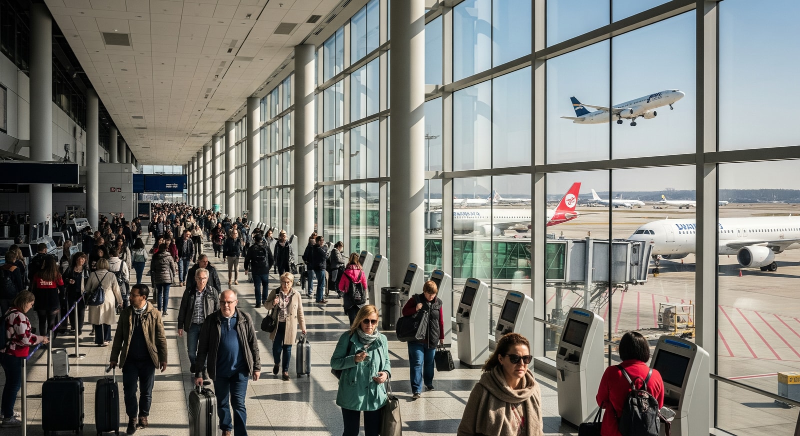 Passengers and aircraft at Mérida's Manuel Crescencio Rejón International Airport, illustrating increased connectivity
