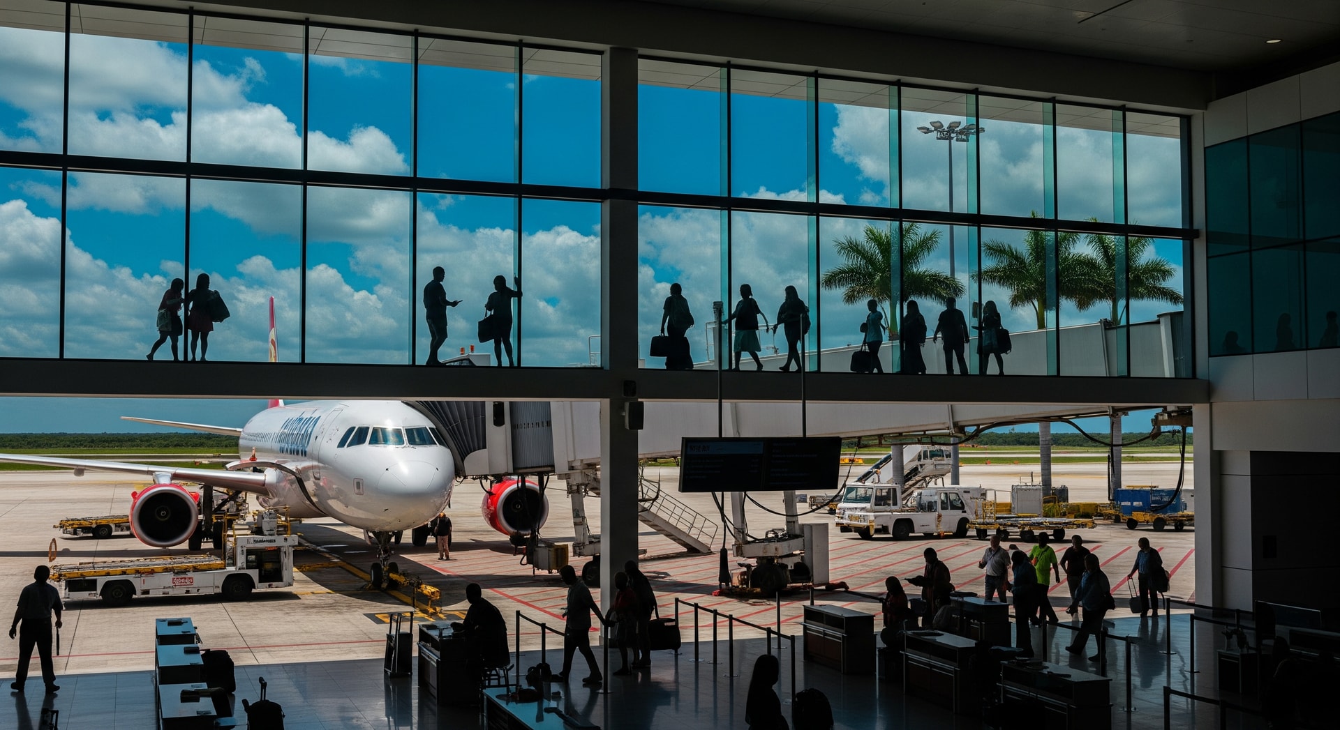 Terminal and aircraft at Mérida Airport showing passenger activity and regional connectivity