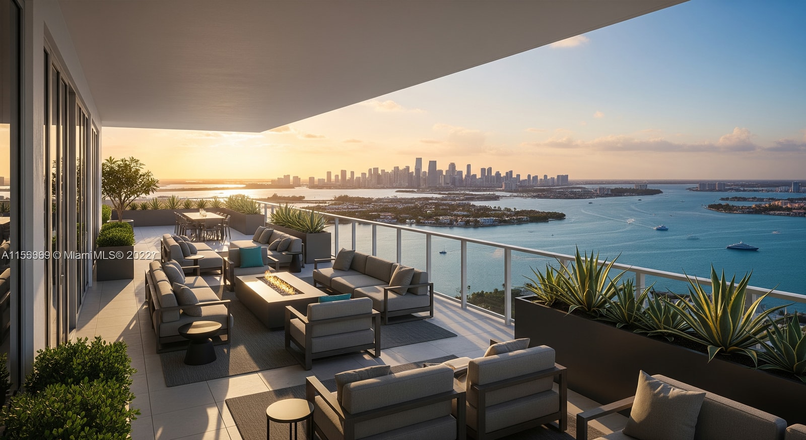 Rendering of Midtown Park Residences penthouse terrace overlooking Biscayne Bay and the Miami skyline