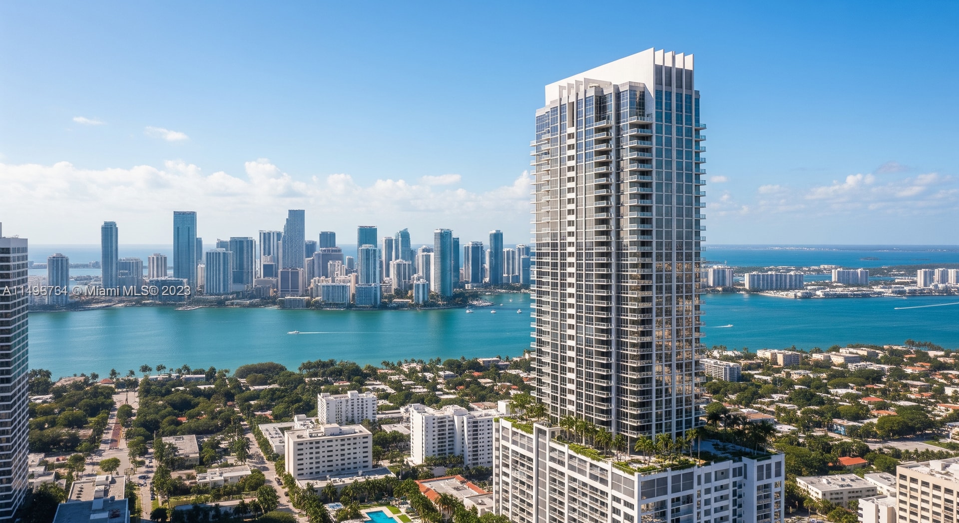 Rendering of Midtown Park Residences tower in Midtown Miami with skyline and Biscayne Bay views