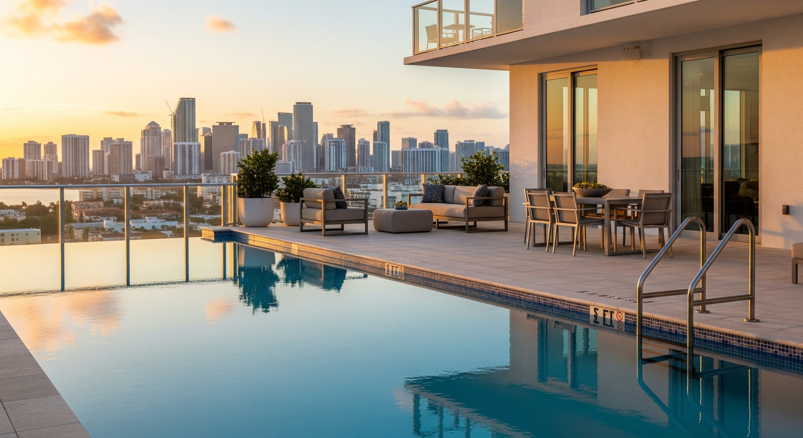 Rendering of a penthouse terrace at Midtown Park Residences with pool and Miami skyline views