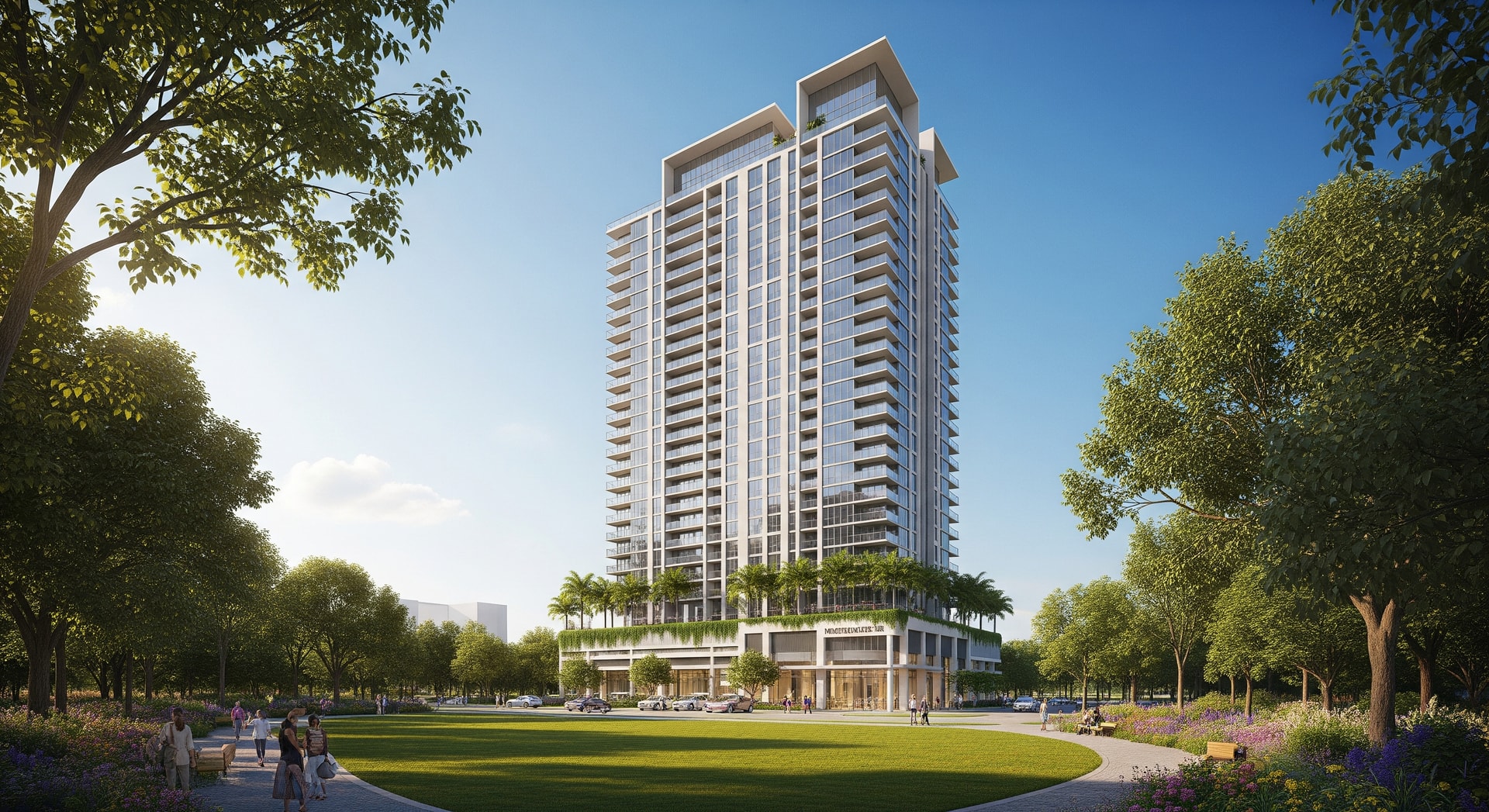 Exterior rendering of Midtown Park Residences by Proper in Miami showing the 28-storey tower and surrounding Midtown Park