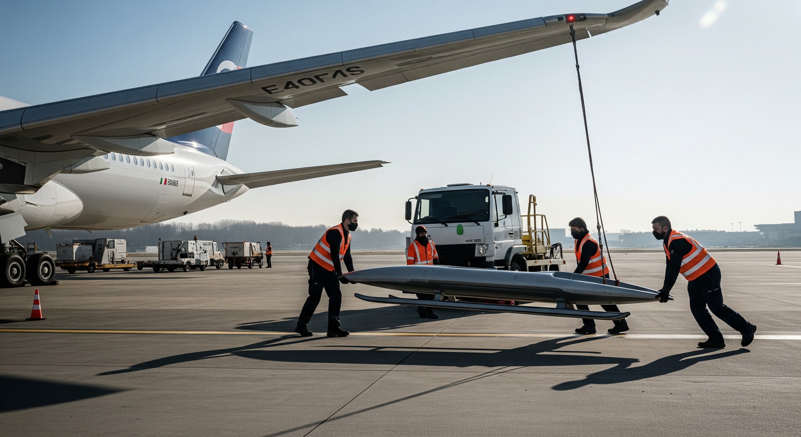 Ground handling teams move oversized sports equipment at Milano Malpensa ahead of Milano Cortina 2026