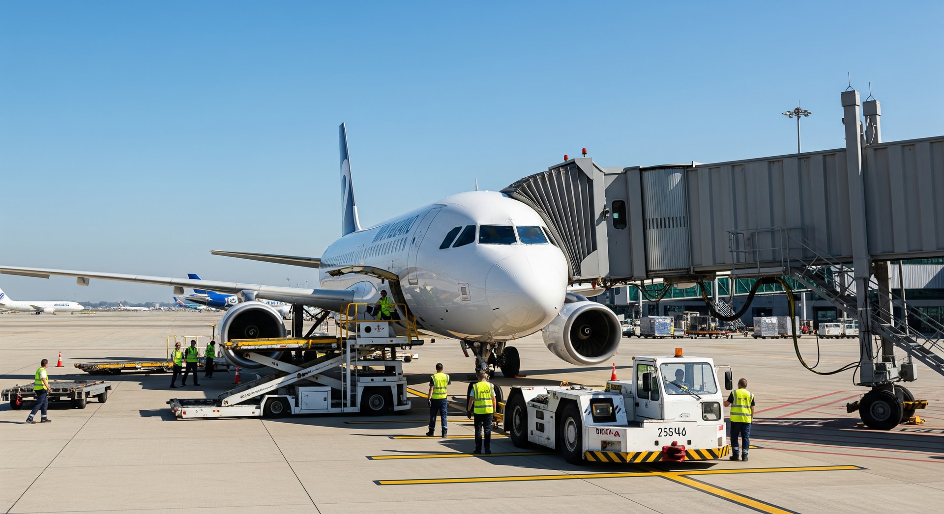 Aircraft and ground handlers at Milano Malpensa airport preparing for Olympic arrivals