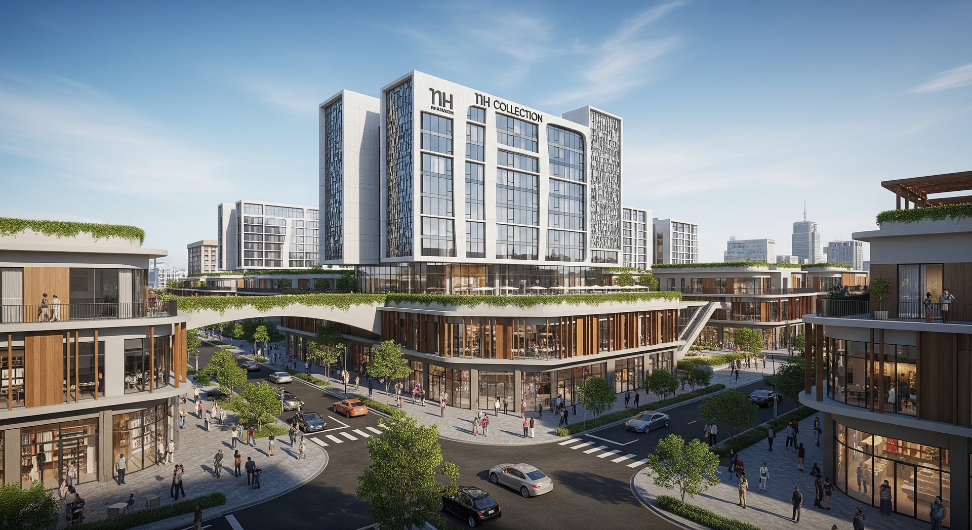 Exterior concept rendering of a mixed-use development in Accra featuring a modern NH Collection hotel