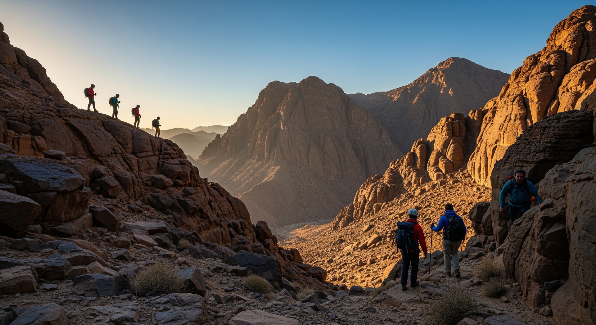 Expedition group hiking near rocky ridgelines at Jabal Shams in Oman