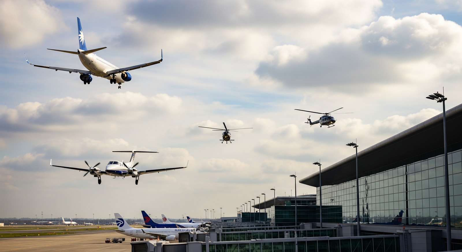 Aircraft and helicopters operating in mixed-use airspace near a busy airport terminal, illustrating airspace congestion and safety challenges