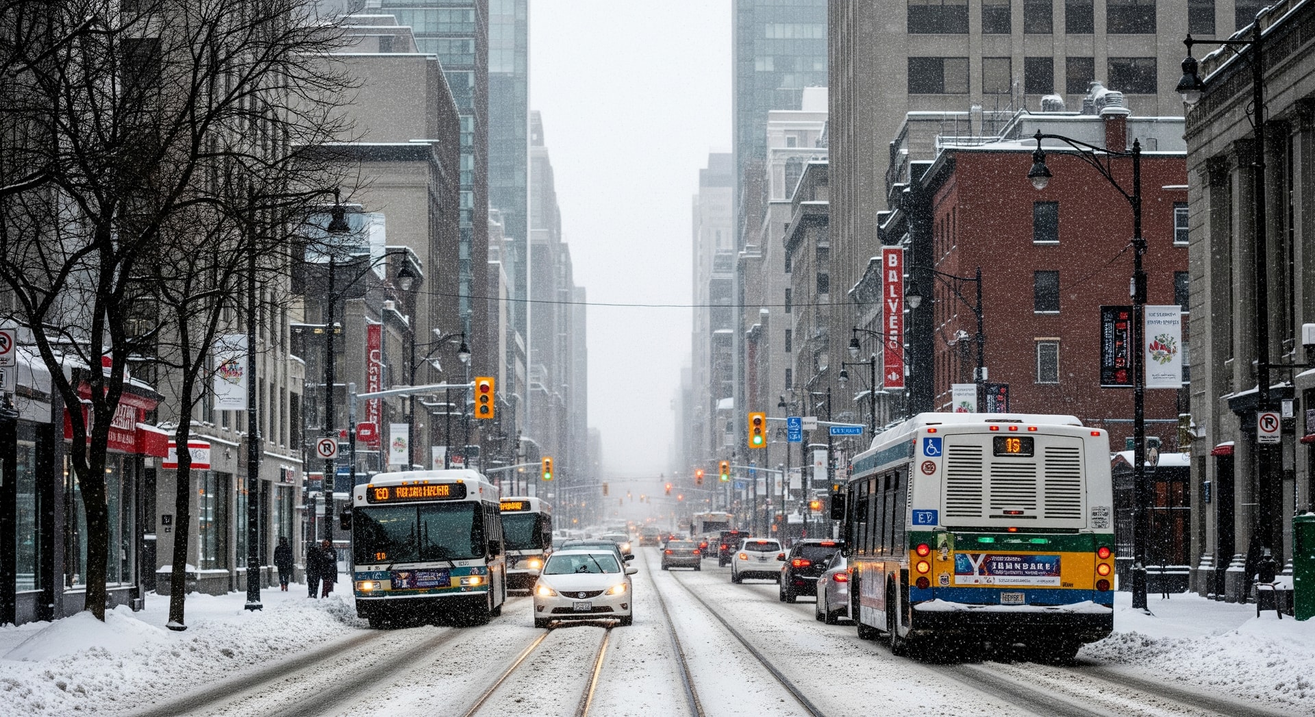 Snow-covered street in Montreal with buses and cars moving through winter conditions