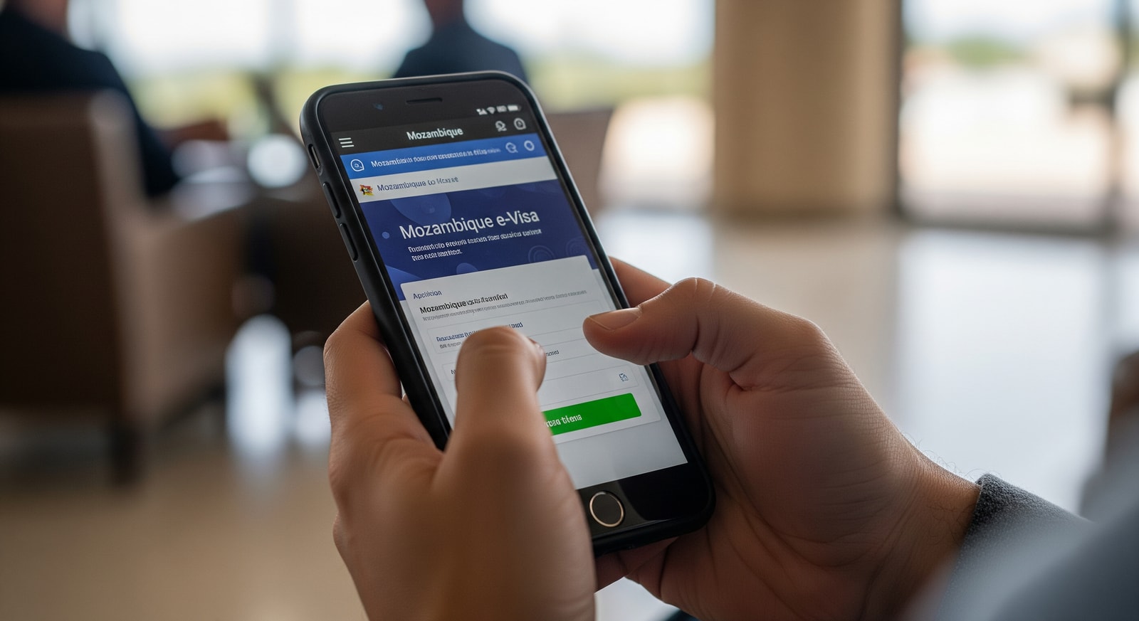Travelers using an online e-Visa portal on a smartphone, representing Mozambique's digital visa rollout