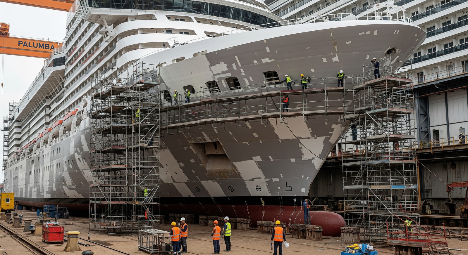 MSC Poesia in drydock at Palumbo Shipyard during refurbishment, showing workers and scaffolding