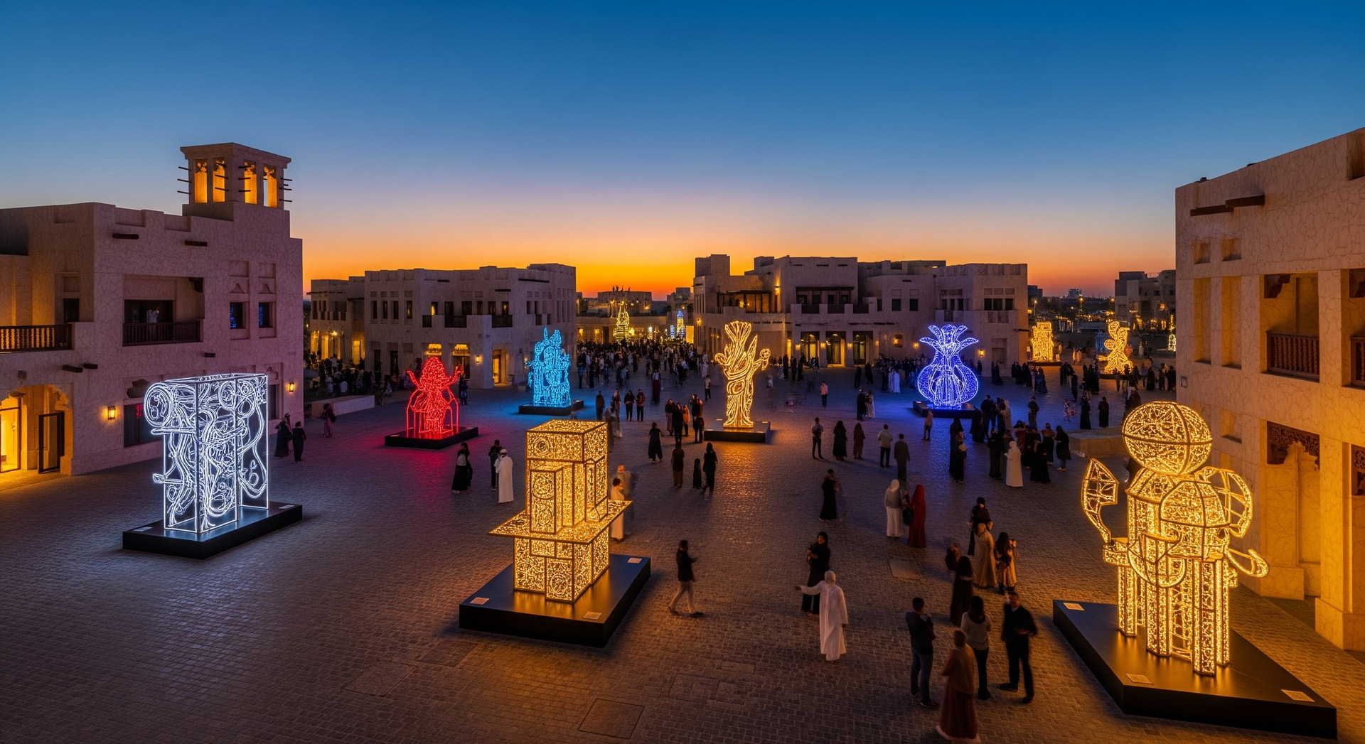 Crowds and cultural installations at Msheireb Downtown Doha during the winter season