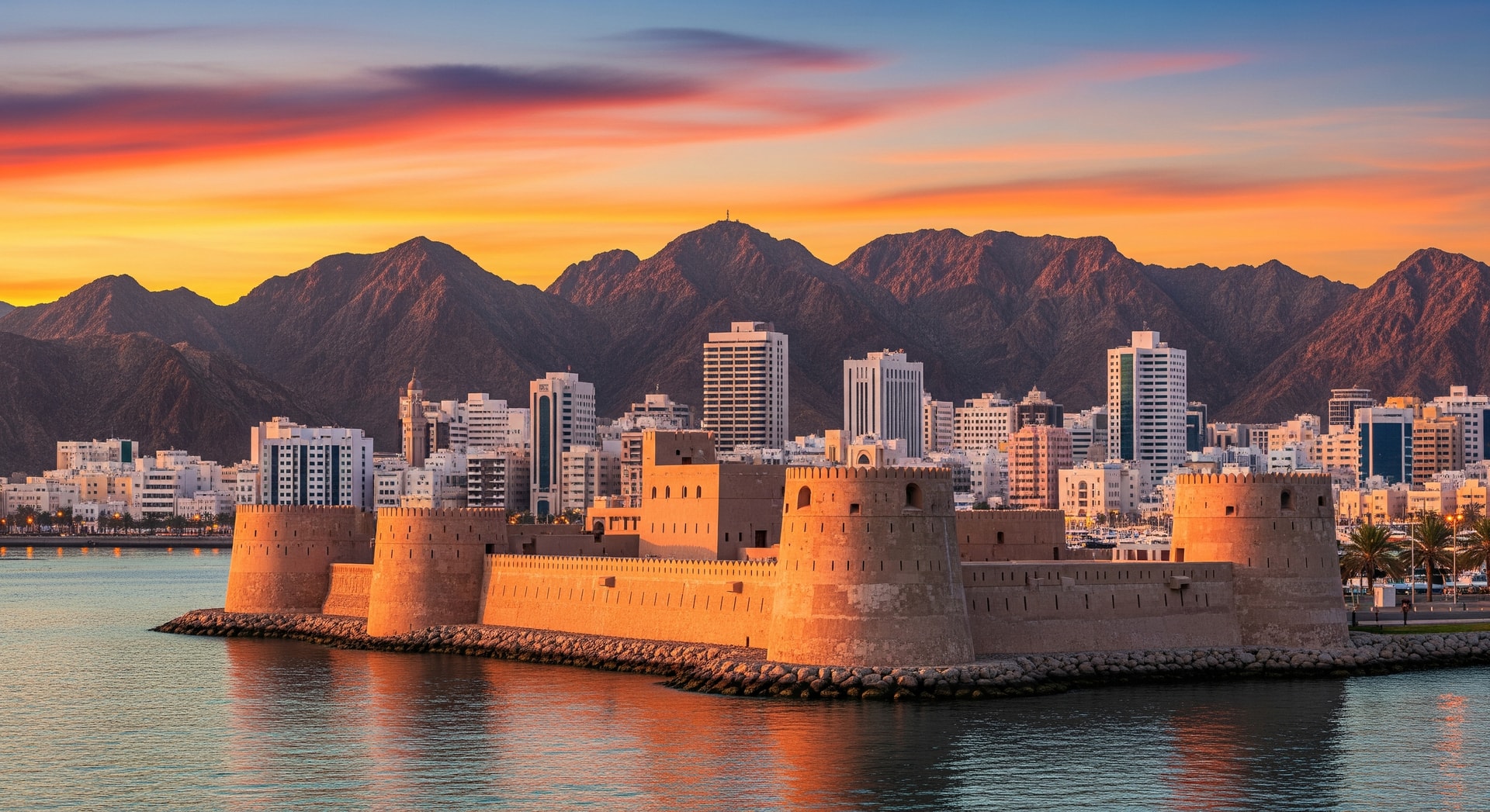 Muscat waterfront with historic forts, city skyline and mountain backdrop