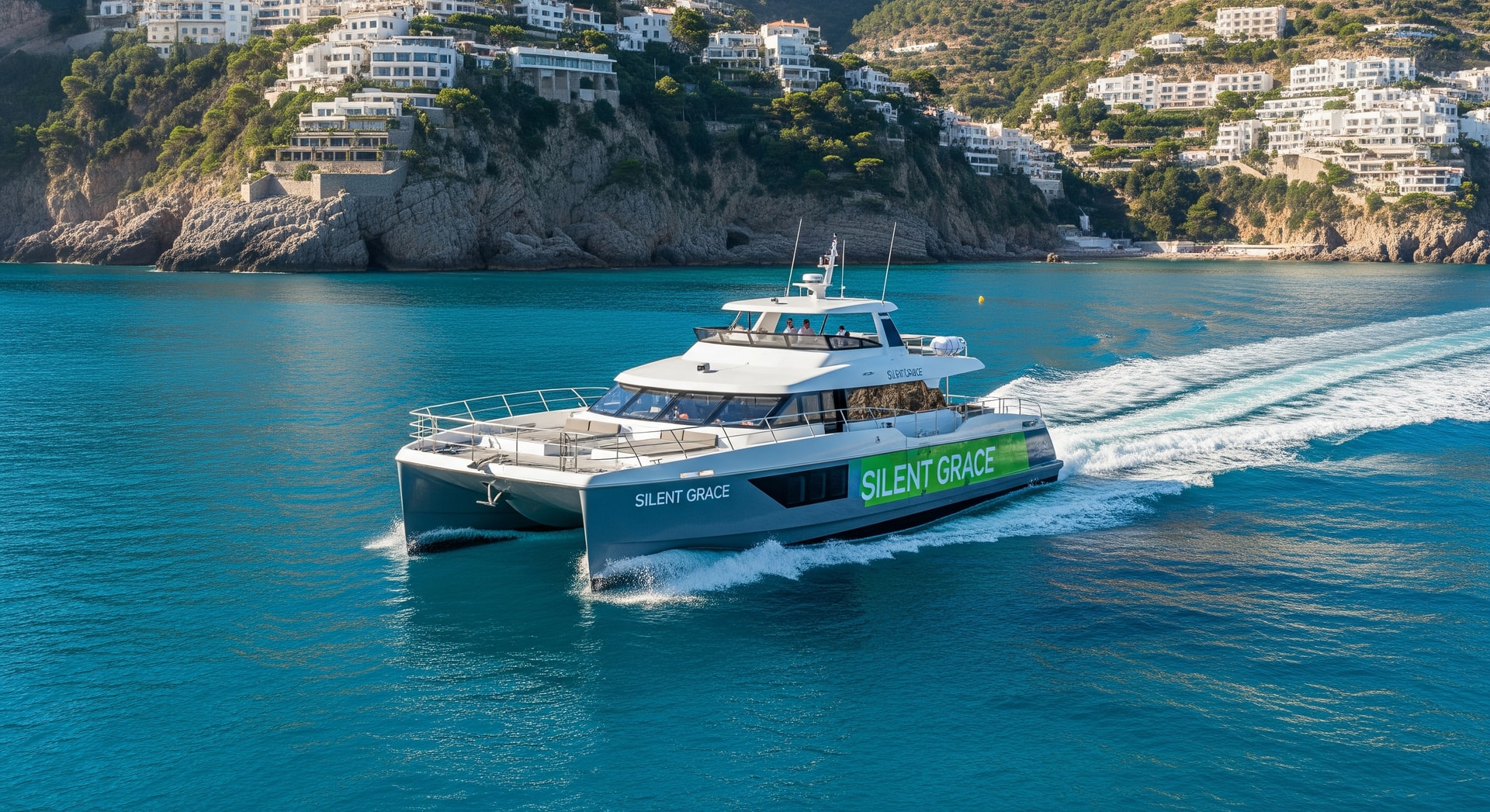 Silent Grace electric catamaran cruising the Mediterranean coast