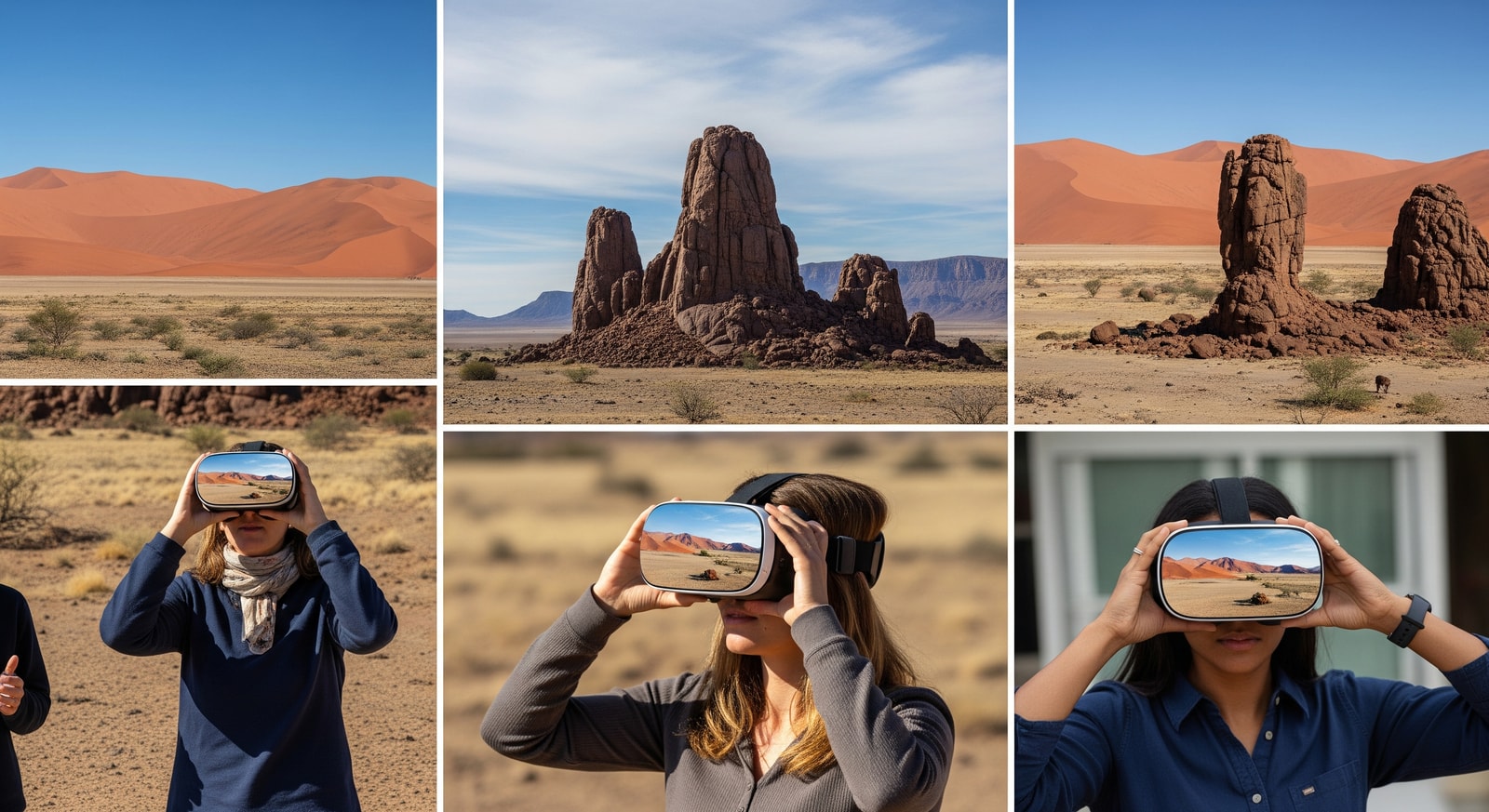 Tourists using a VR headset to preview Namibia's desert landscapes, illustrating Namibia tourism and digital innovation