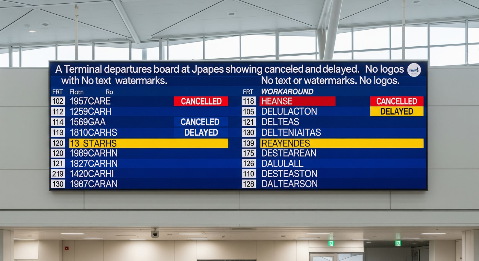 Terminal departures board showing cancelled and delayed flights at a Japanese airport