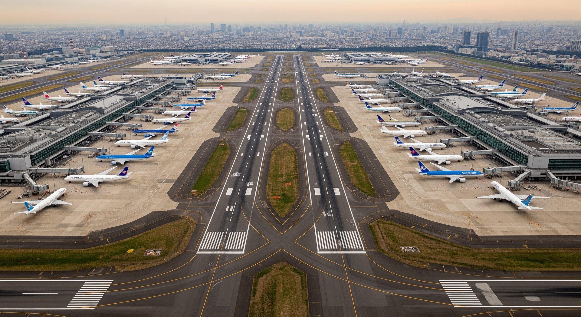 Aerial view of Narita and Haneda airport runways with parked aircraft and terminal buildings