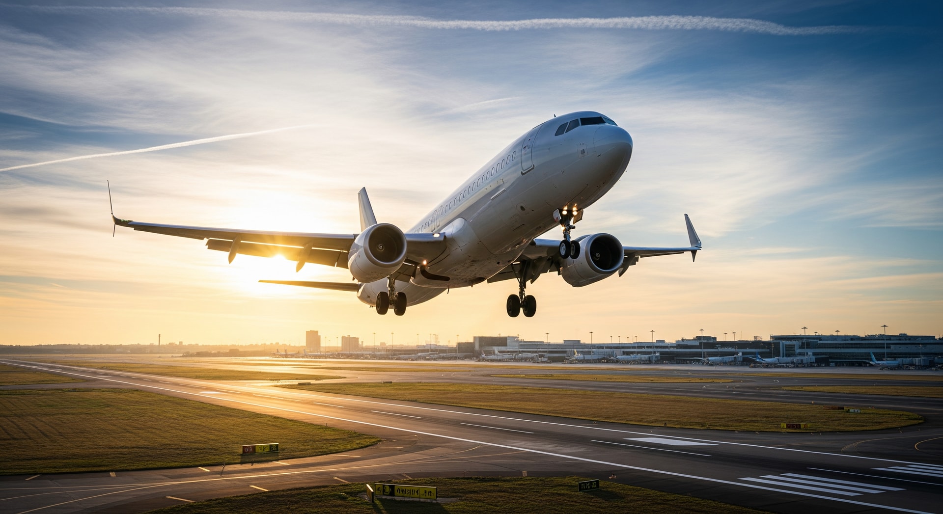 Passenger aircraft on approach to land at an airport, representing new Aalborg to London flights
