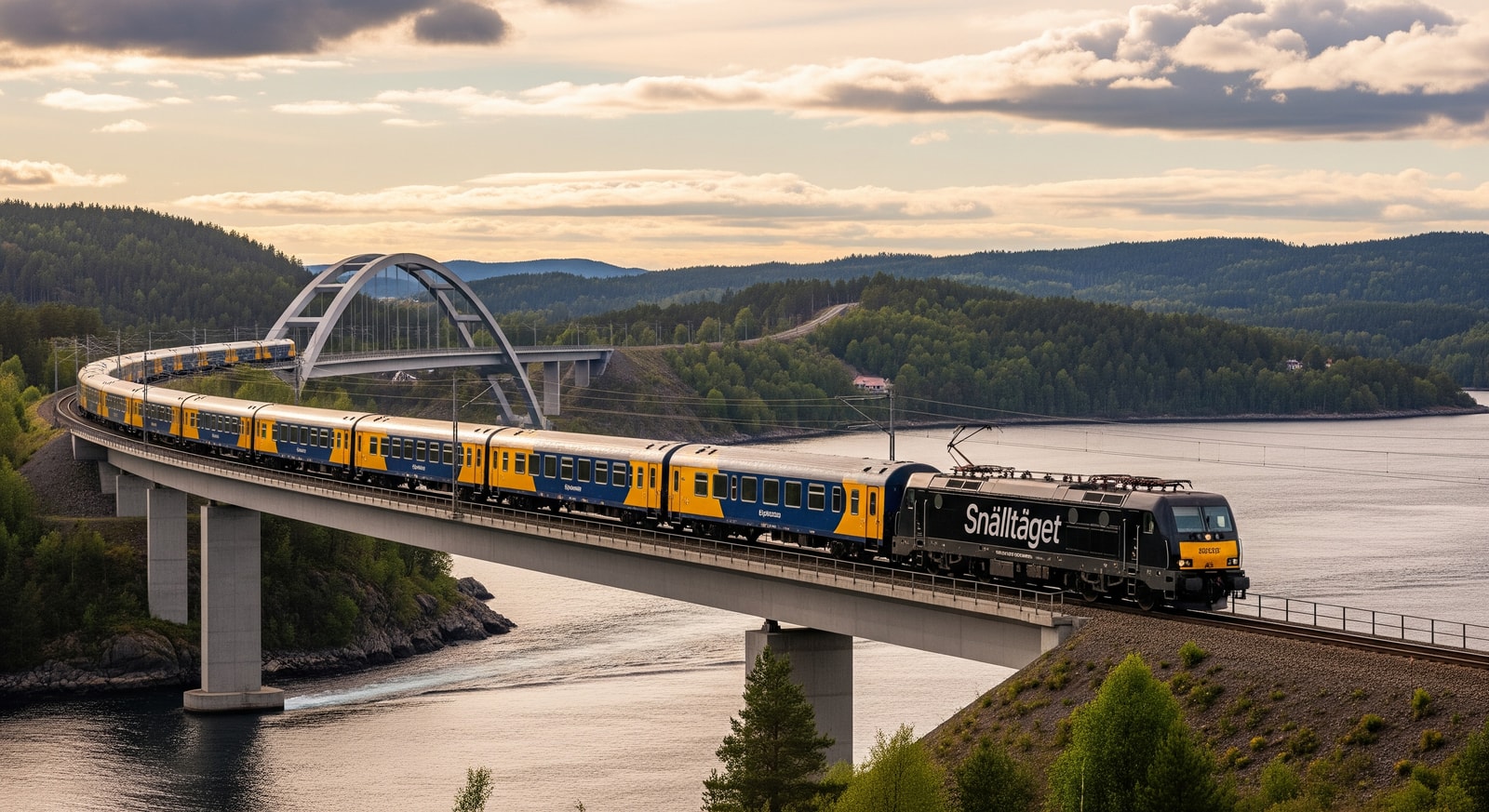 Snälltåget train crossing a bridge between Norway and Sweden representing cross-border rail connectivity