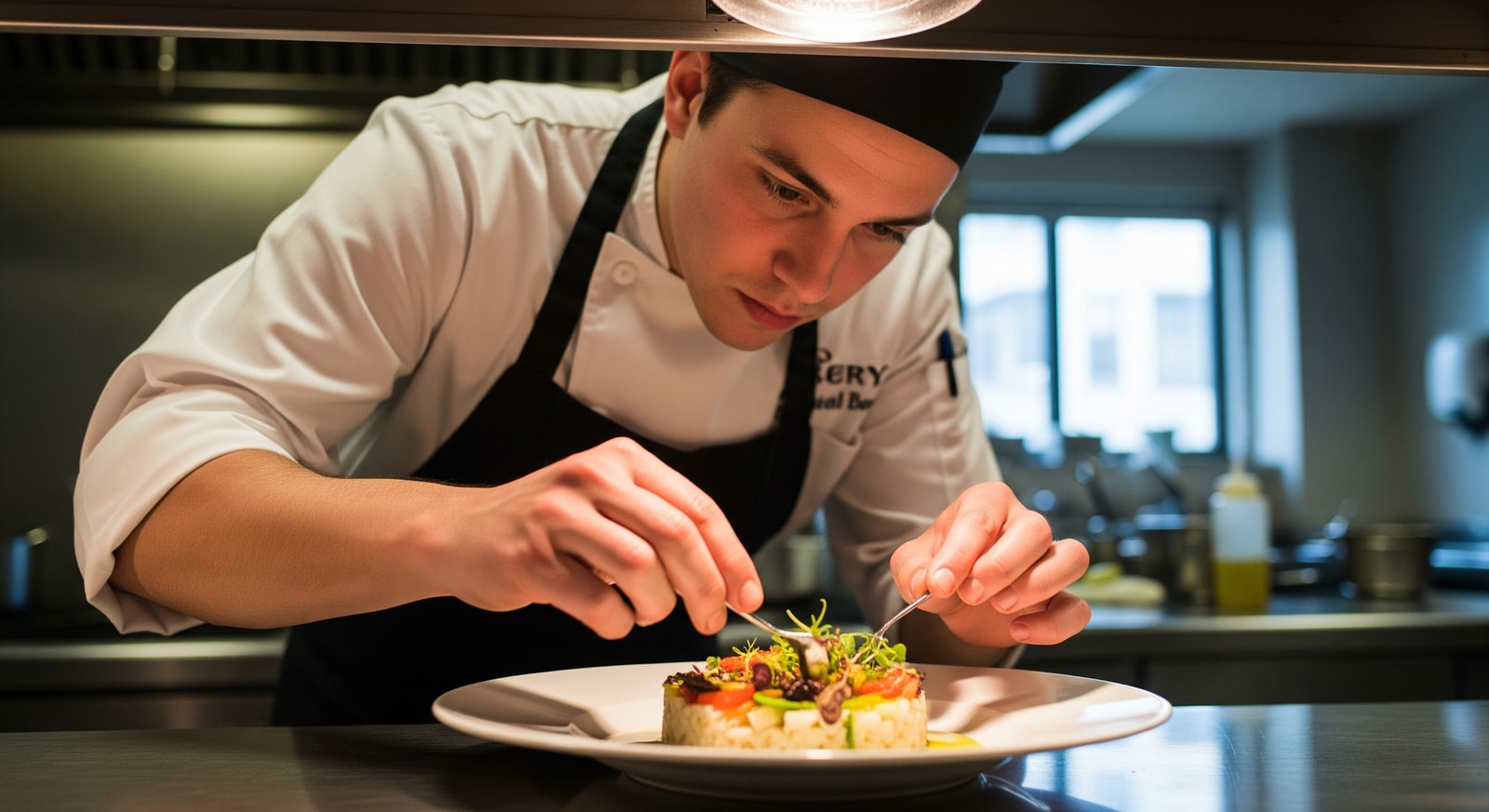 Executive chef plating a dish in a professional hotel kitchen at Red Beryl Kitchen & Bar, Salt Lake City