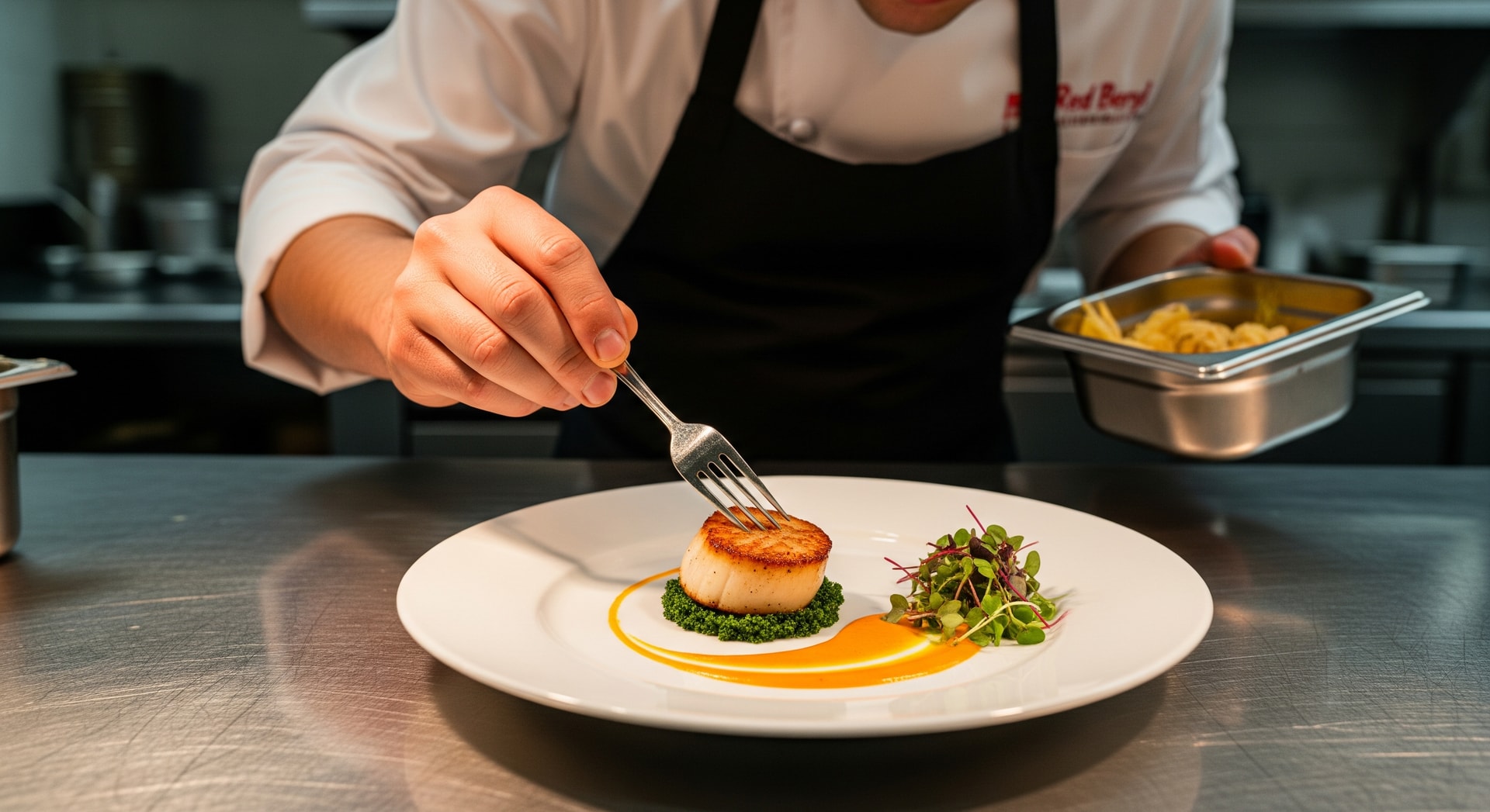 Chef preparing a plated dish in a hotel kitchen at Red Beryl Kitchen & Bar