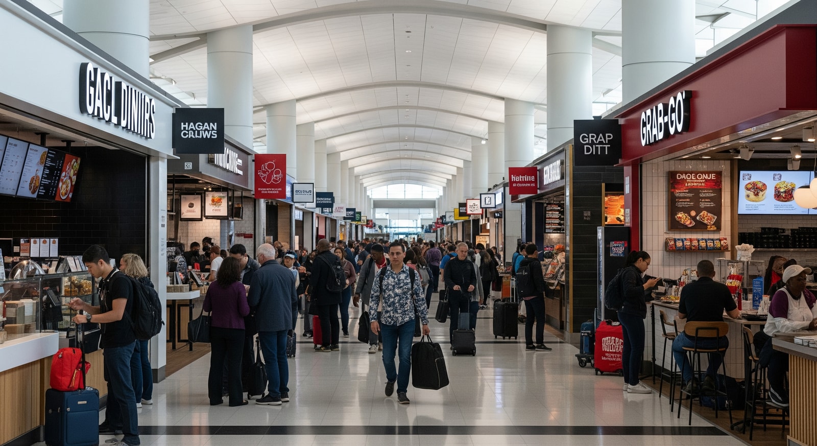 A food and beverage area inside JFK Terminal 4 featuring signage for local dining concepts and travelers in the concourse