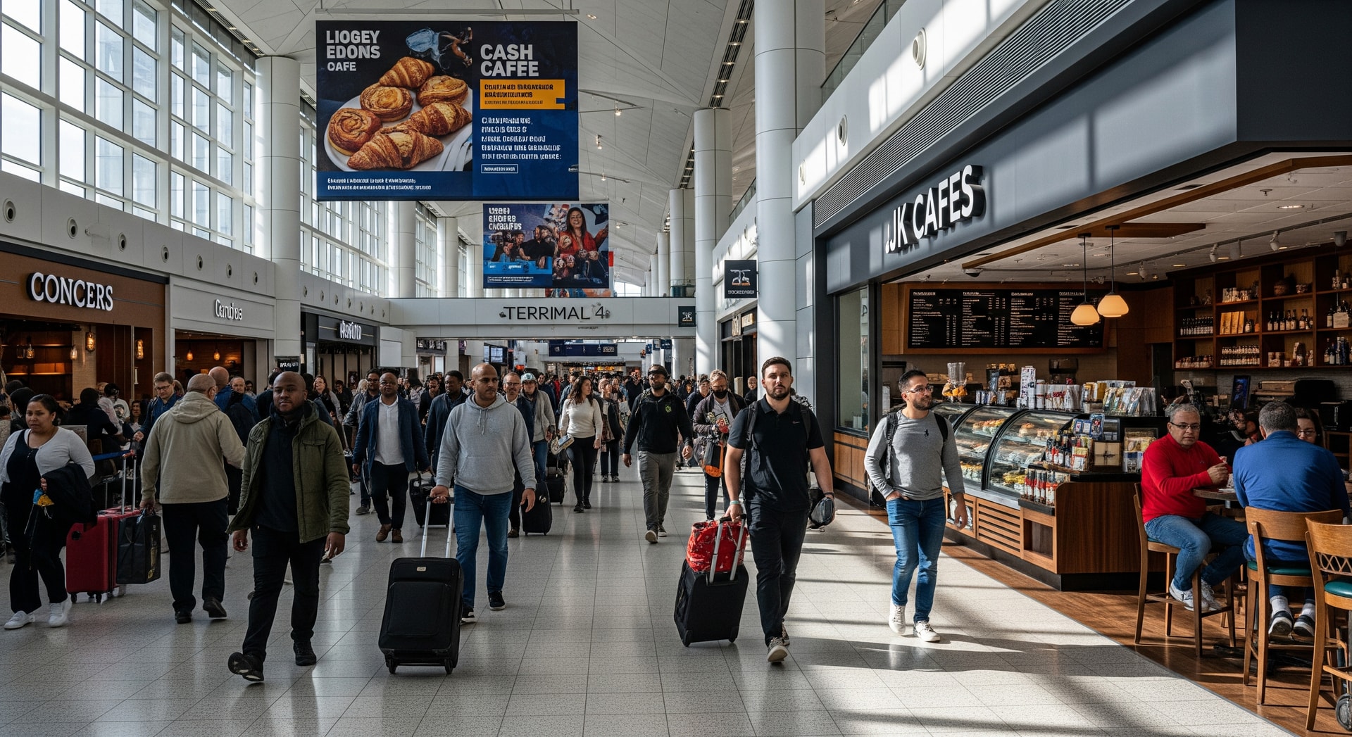 Interior concourse at JFK Terminal 4 with travelers walking past food and beverage outlets