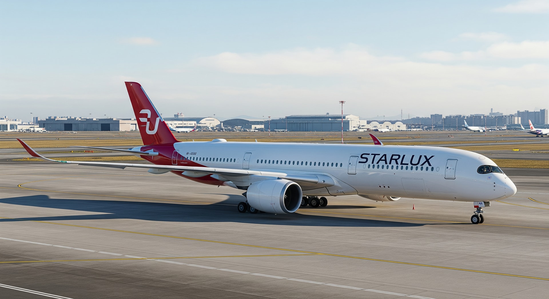 Starlux Airbus A350 on the tarmac linking Taipei and Prague
