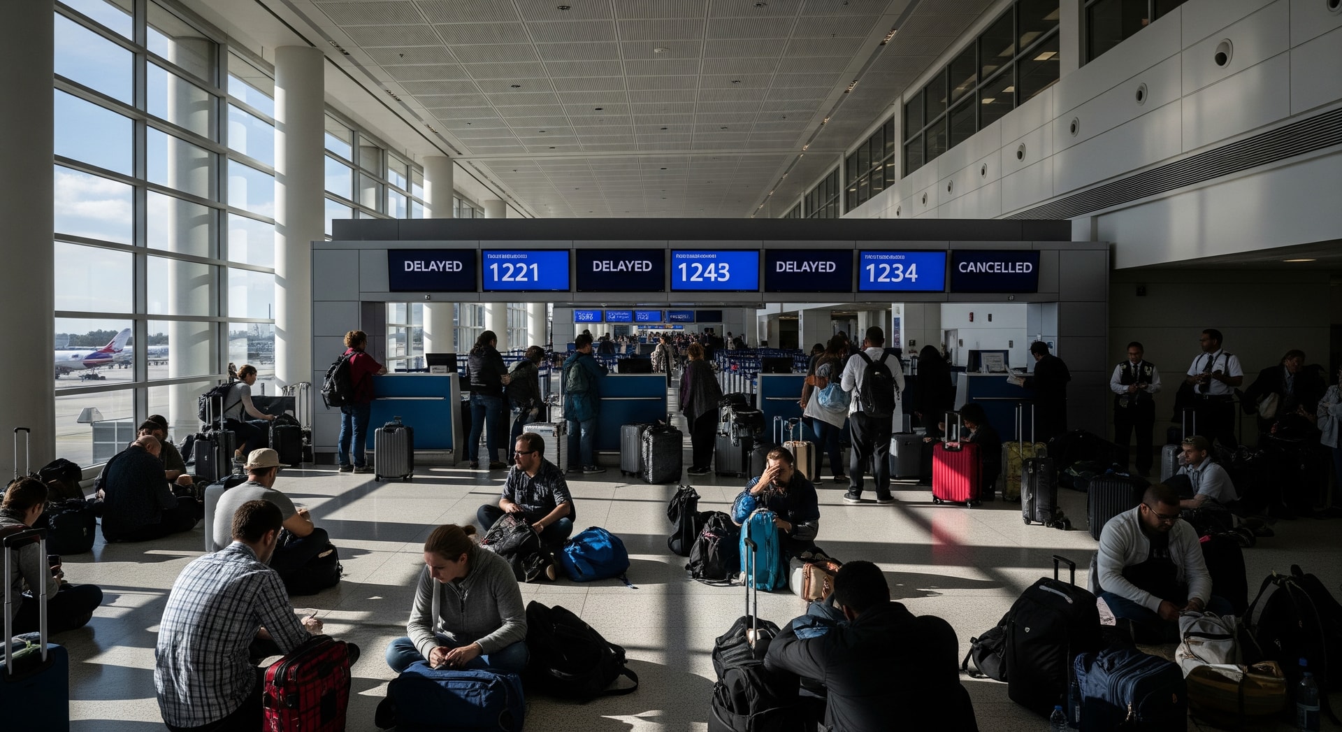 Passengers at Newark Liberty International Airport amid flight disruptions