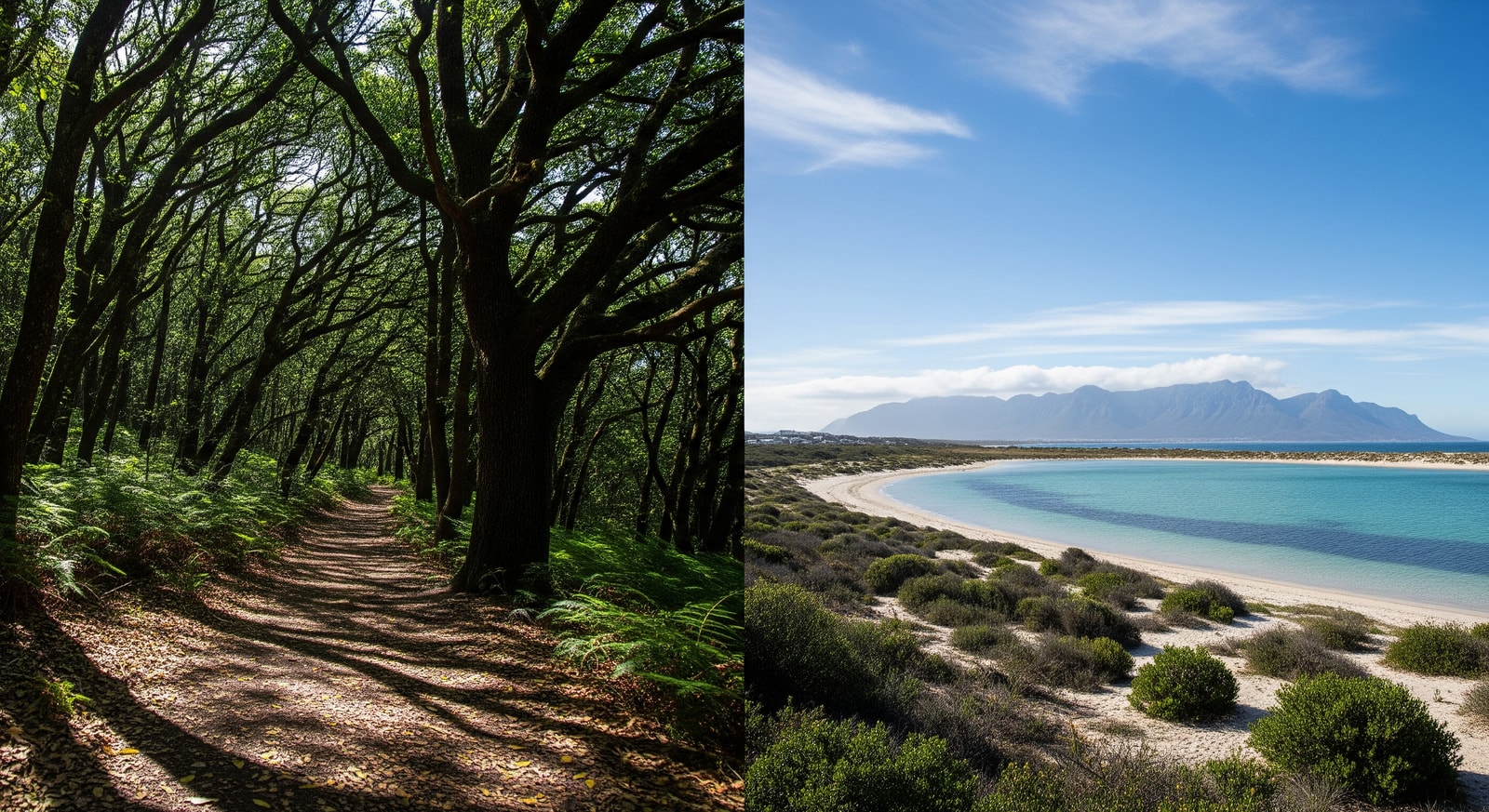 Shaded forest trail and coastal lagoon scene in the Western Cape showcasing tranquil travel escapes