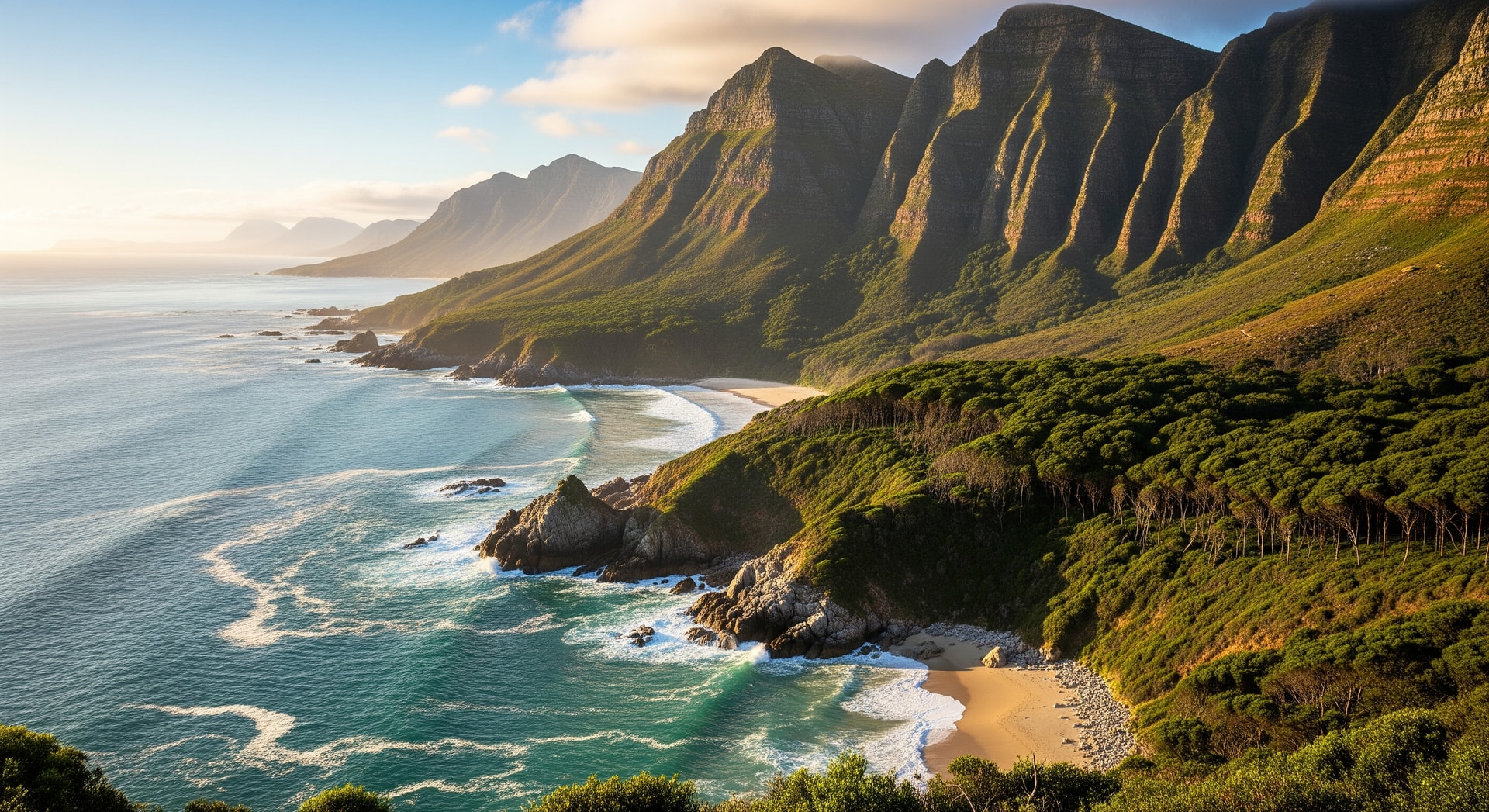 Tranquil natural landscape in the Western Cape with forested slopes and coastal views