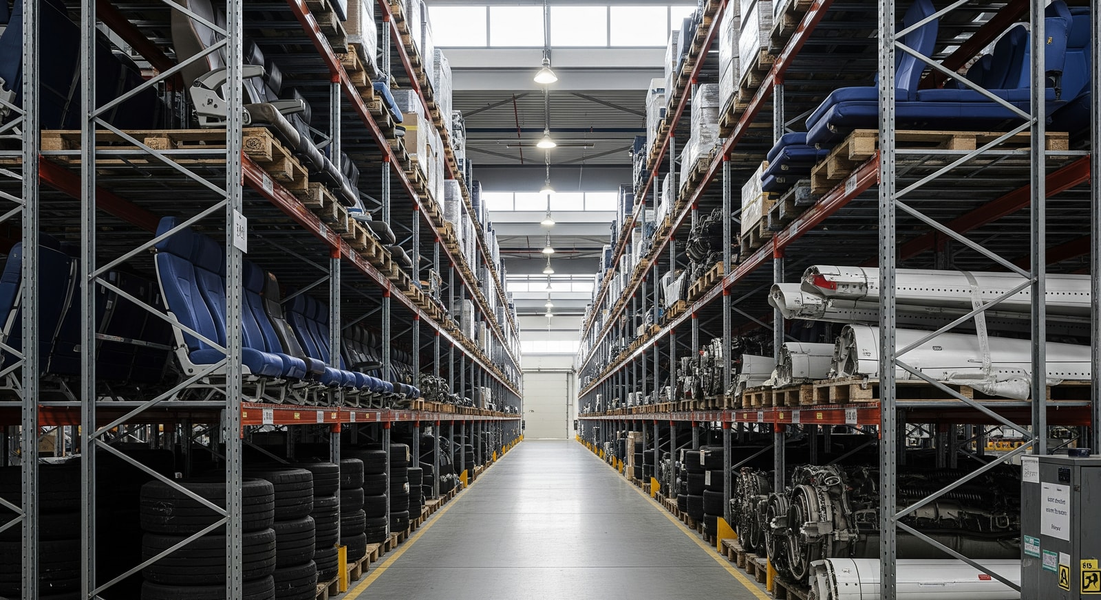 Warehouse racks holding used serviceable materials for commercial aircraft