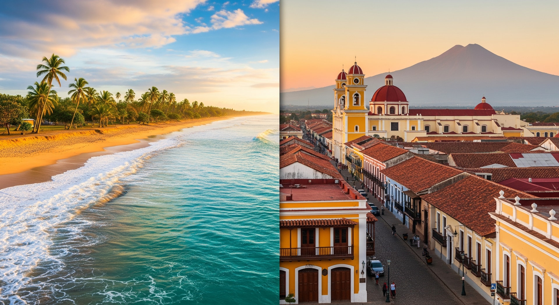 Nicaraguan coastline and colonial cityscape symbolising travel and visa policy changes