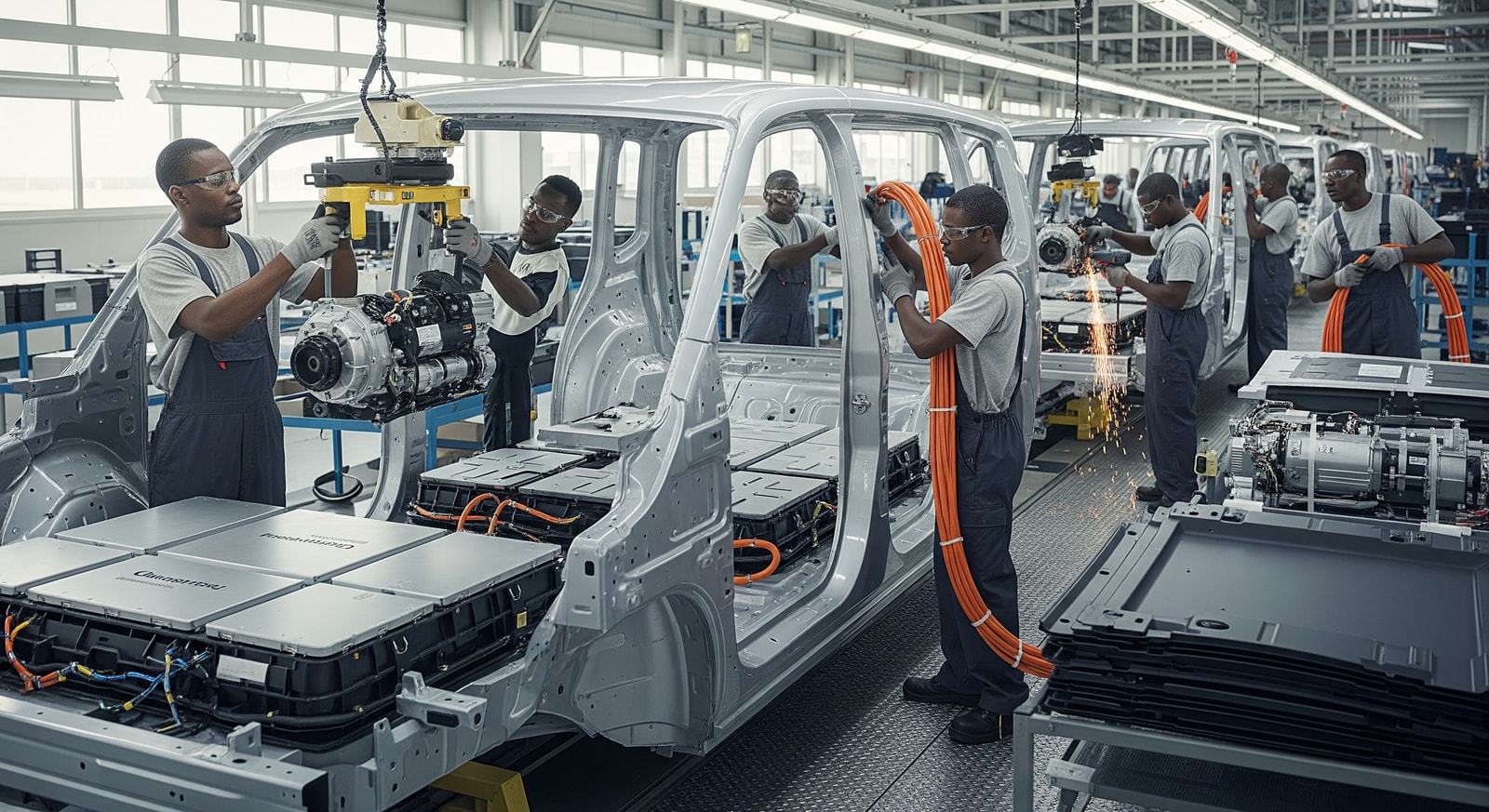 Assembly line with technicians fitting electric van components, illustrating local electric van assembly in Africa